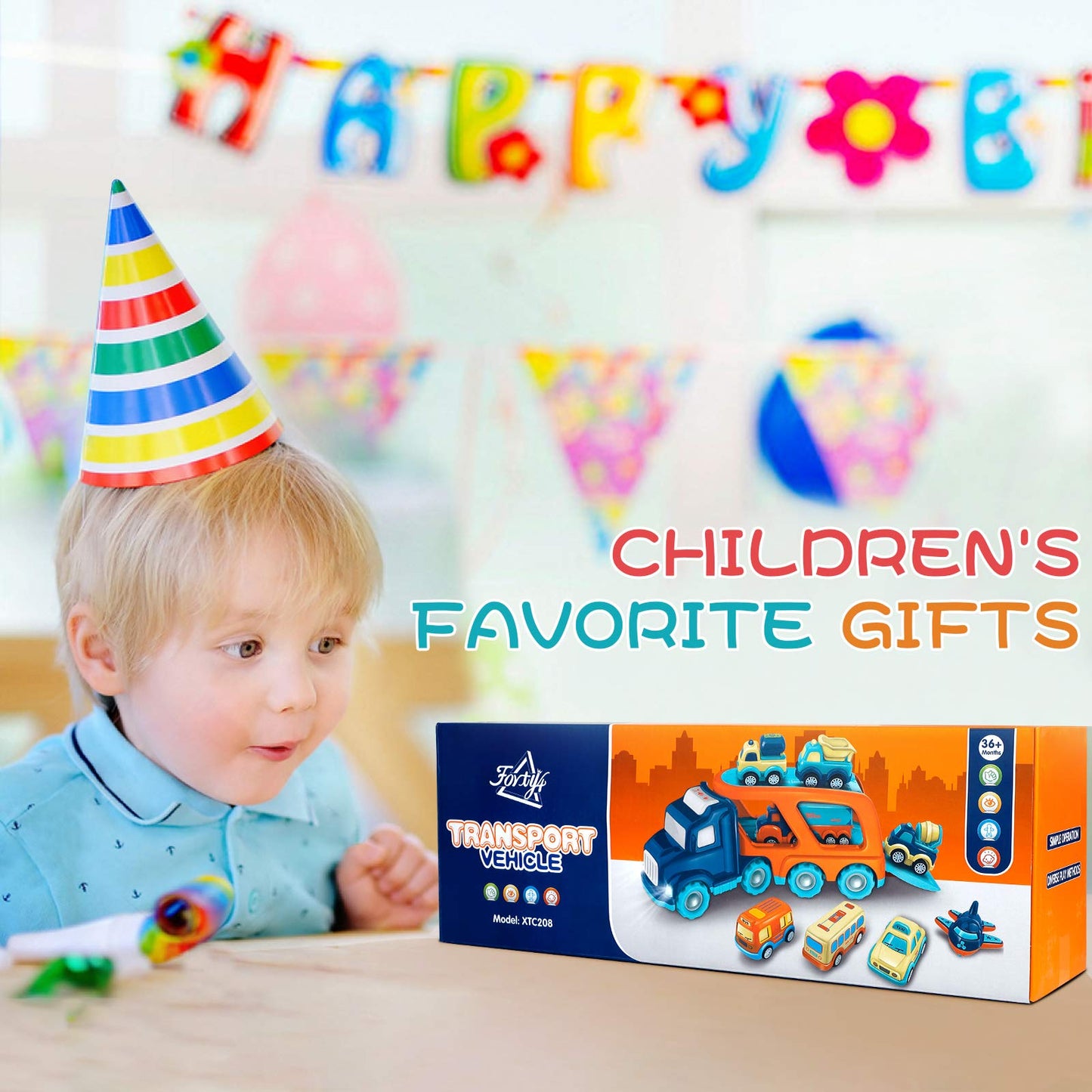 Forty4 Nine-Pack Cars Toys – 9 Vehicle Carrier Playset for Toddlers (Pull-Back, Light & Sound)