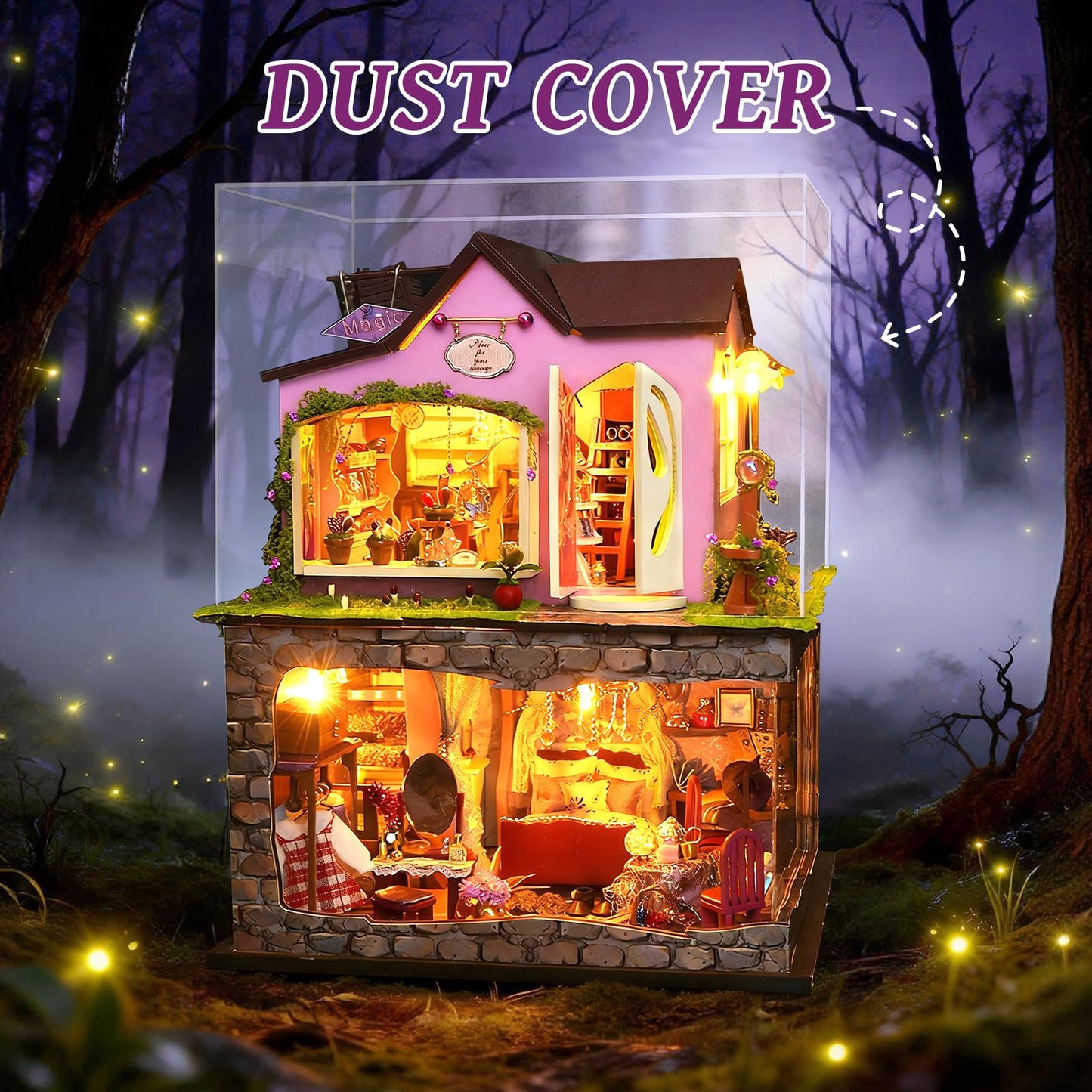 Foyucool Two-Story Witch Shop Dollhouse Kit with LED Lights & Dust Covers
