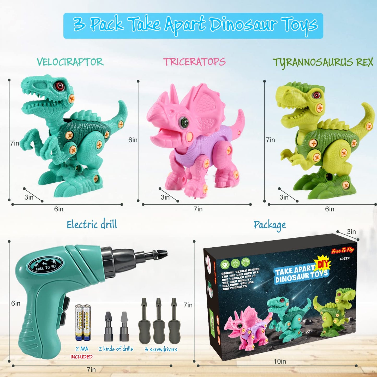 FREE TO FLY Dinosaur Toys for 3-7 Year Olds | Take Apart STEM Building Kit with Drill