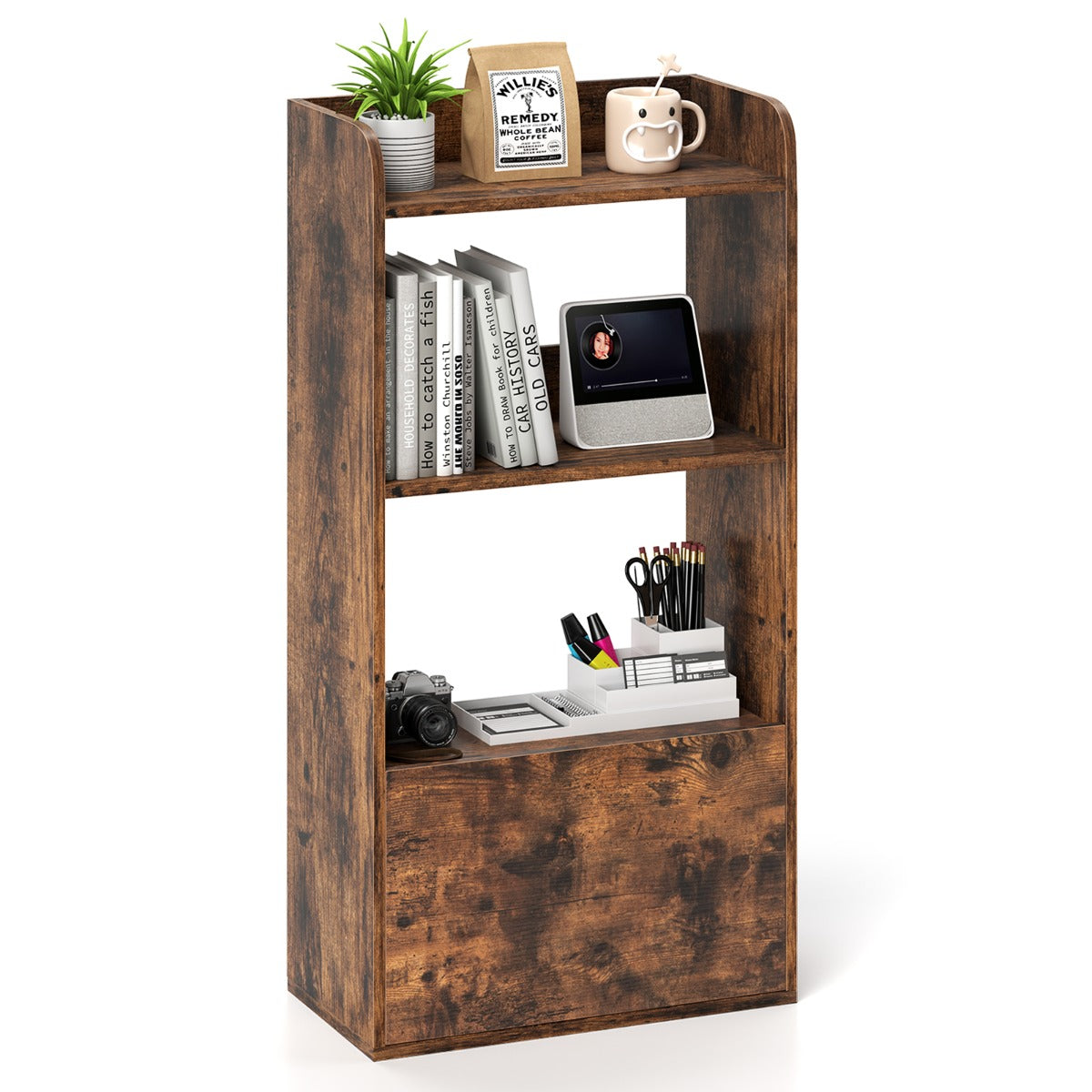 Freestanding Bookshelf with 3-Tier Open Shelf and Drawer-White