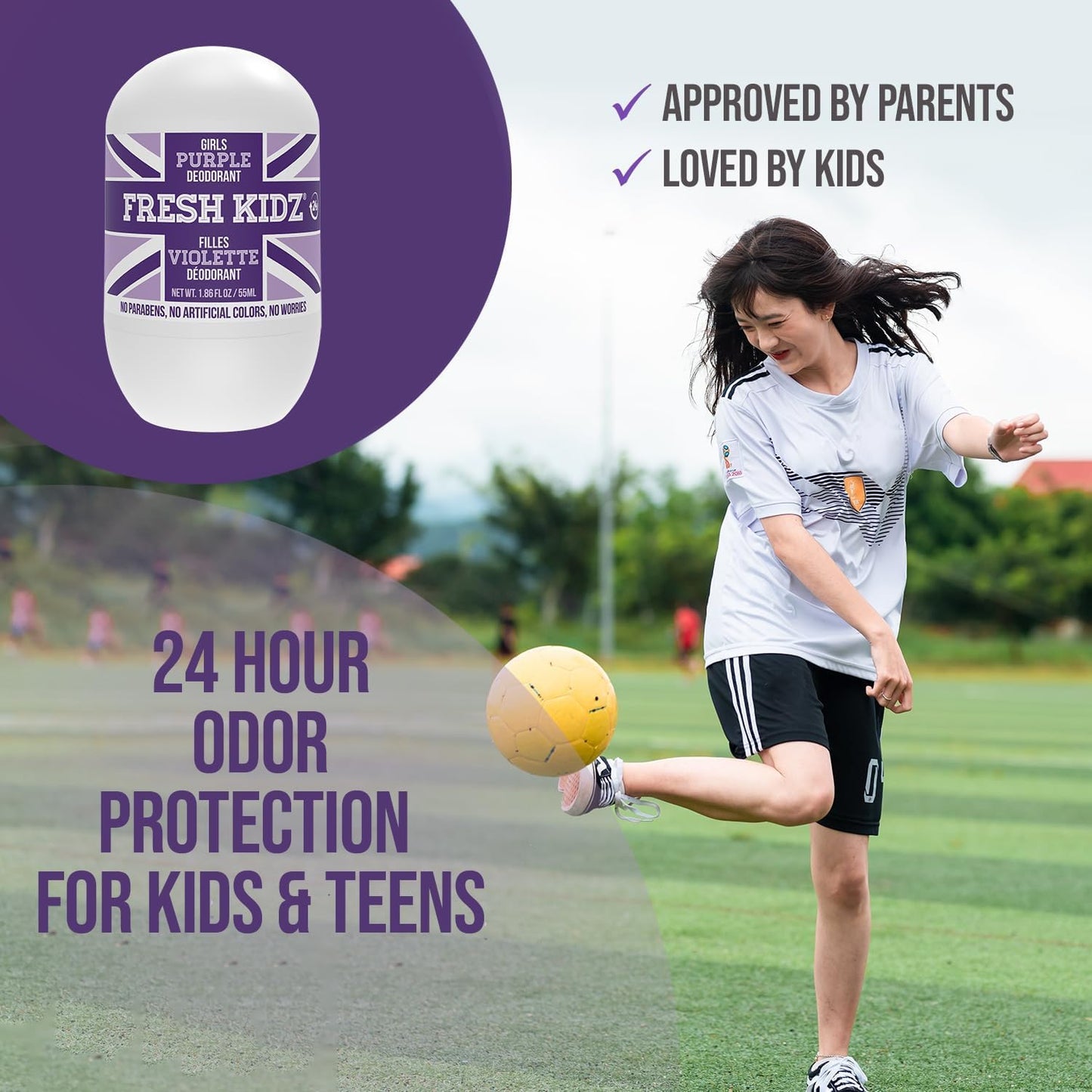 Fresh Kidz Body Wash 16.9 fl oz + 2 Roll-On Deodorants (1.86 fl oz) – Girls Purple Set for Kids & Teens