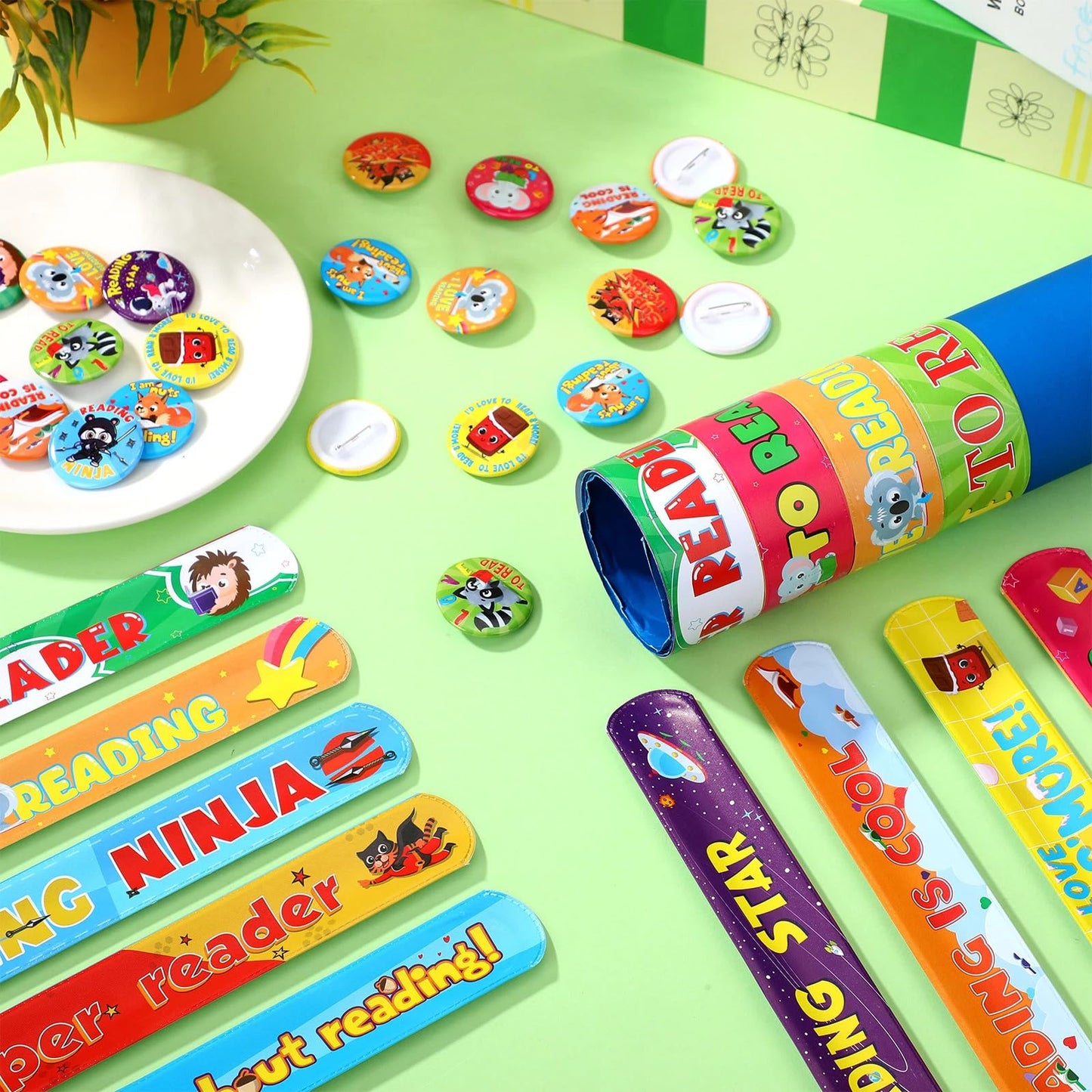 Frienda 60 Pcs Love to Read Slap Bracelets & Pins — Classroom Rewards & Book Week Prizes