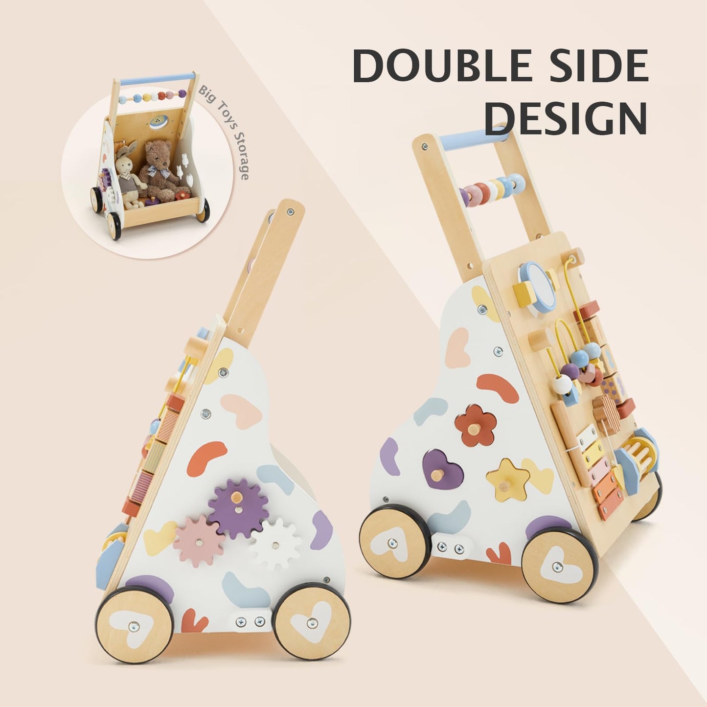 Frogprin Wooden Baby Walker – Montessori 10-in-1 Activity Center for 12M+ | Adjustable Speed & Height