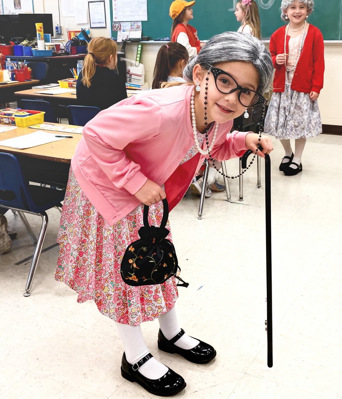 FrostDrift Old Lady Costume for Kids - 100th Day Granny Dress-Up
