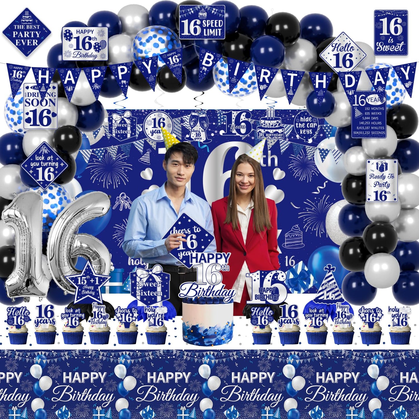 FrozzlyFun 16th Birthday Decorations for Boys | 113Pcs Blue Silver Party Supplies