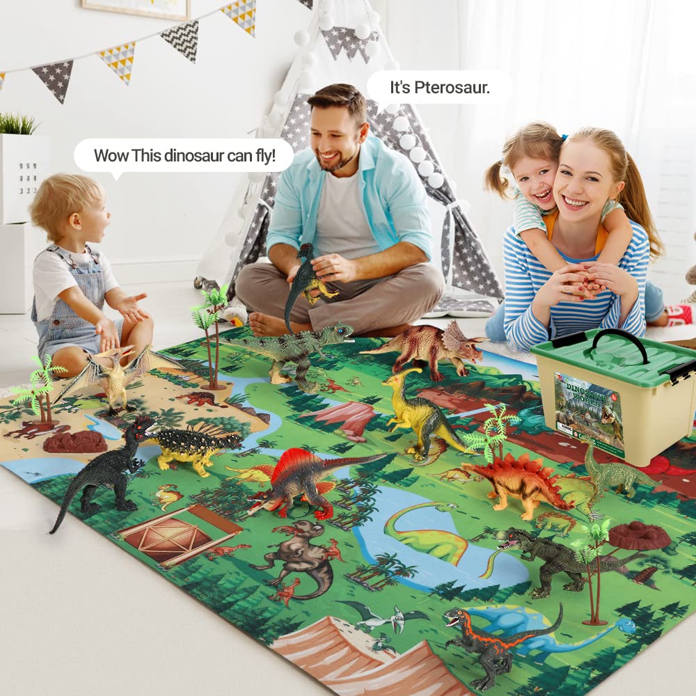 FRUSE Jurassic Dinosaur Toys – 12 Realistic Dinosaurs with Jumbo Play Mat & Dino Book