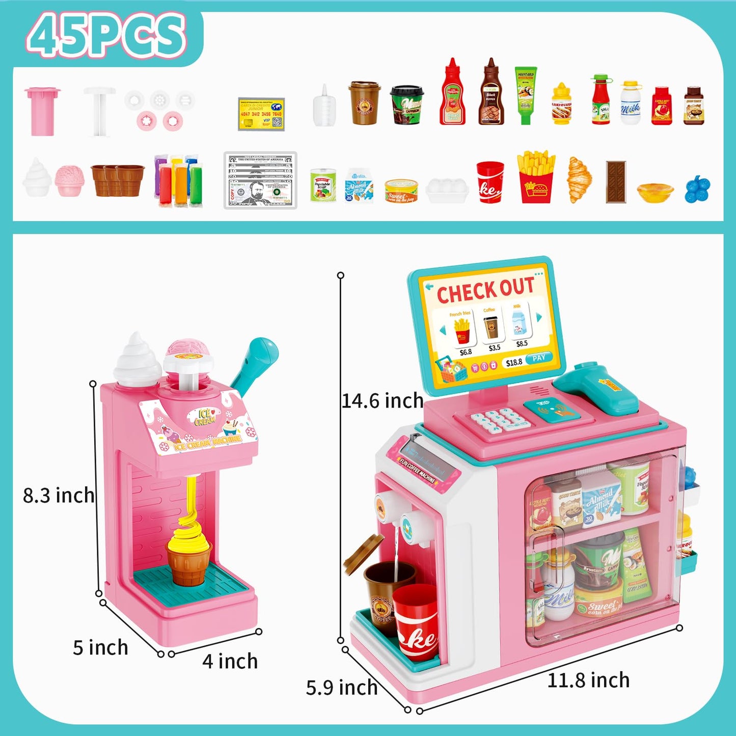 FS Kids Pretend Play Store Set – 45-Piece Grocery Toy with Cash Register & Ice Cream Maker (Ages 3+)