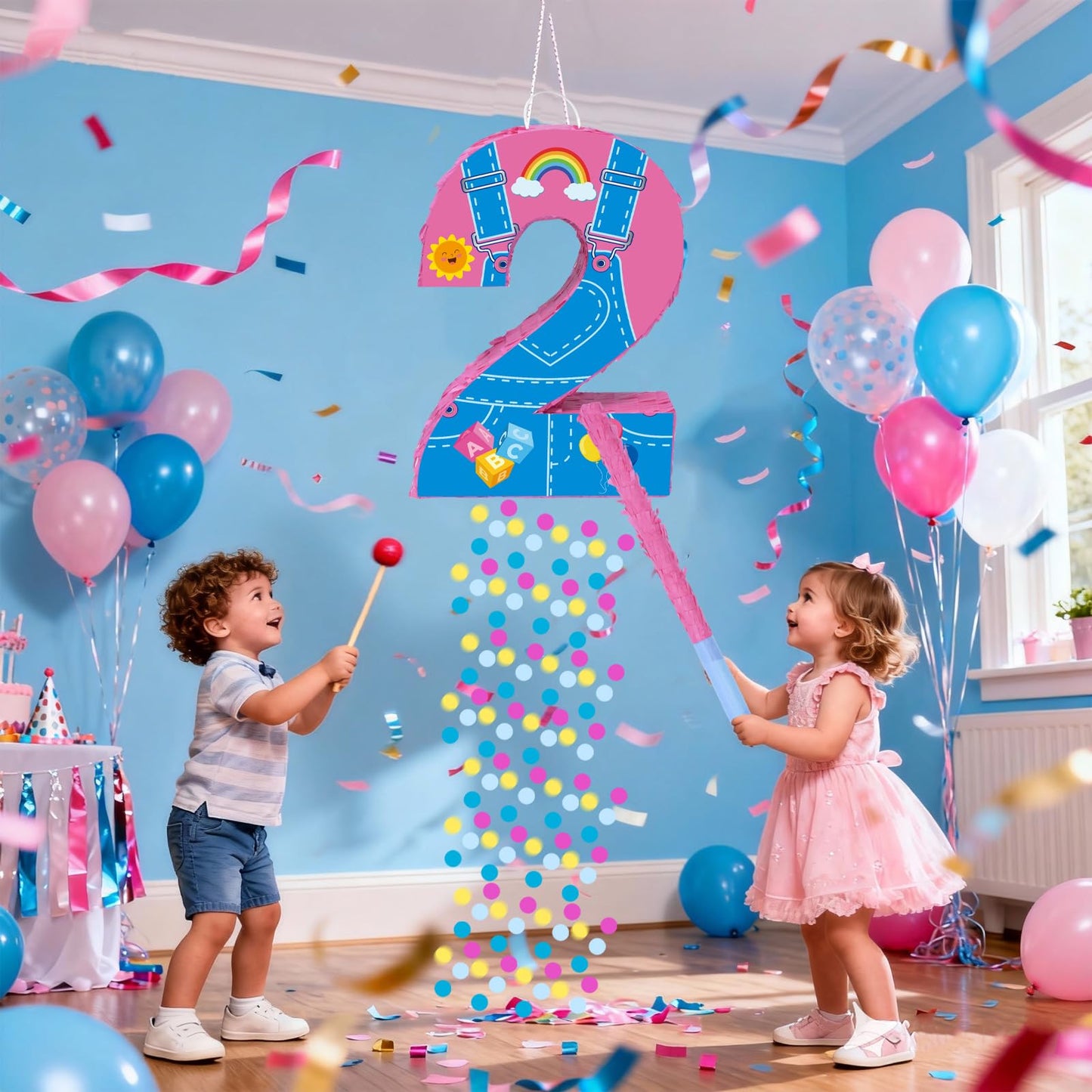 Fsnjcz Pink Number 2 Pinata – 15.7-inch Party Decoration with Stick, Blindfold & Confetti