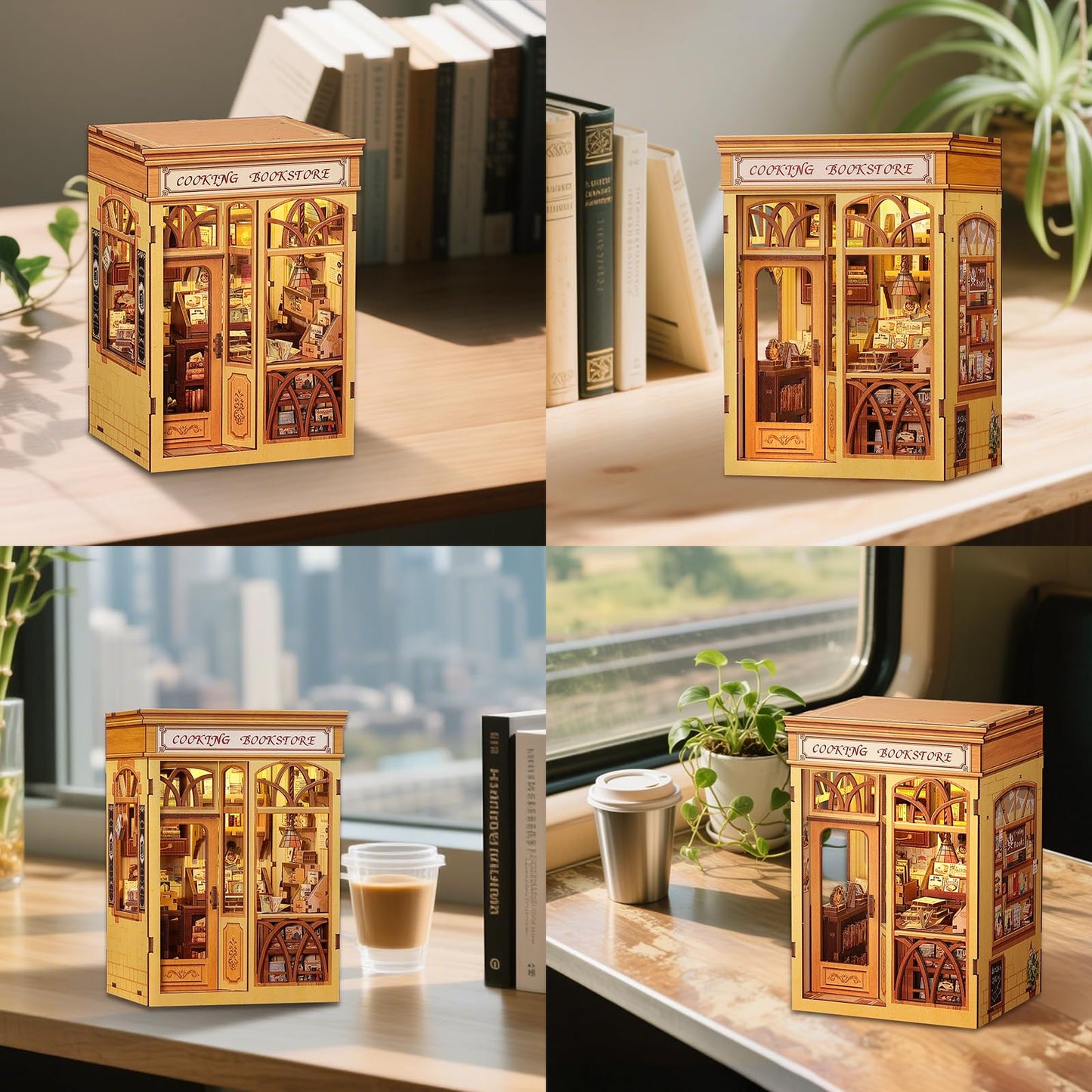 Fsolis Book Nook Kit - DIY Miniature Kitchen Bookstore Diorama with LED Lights