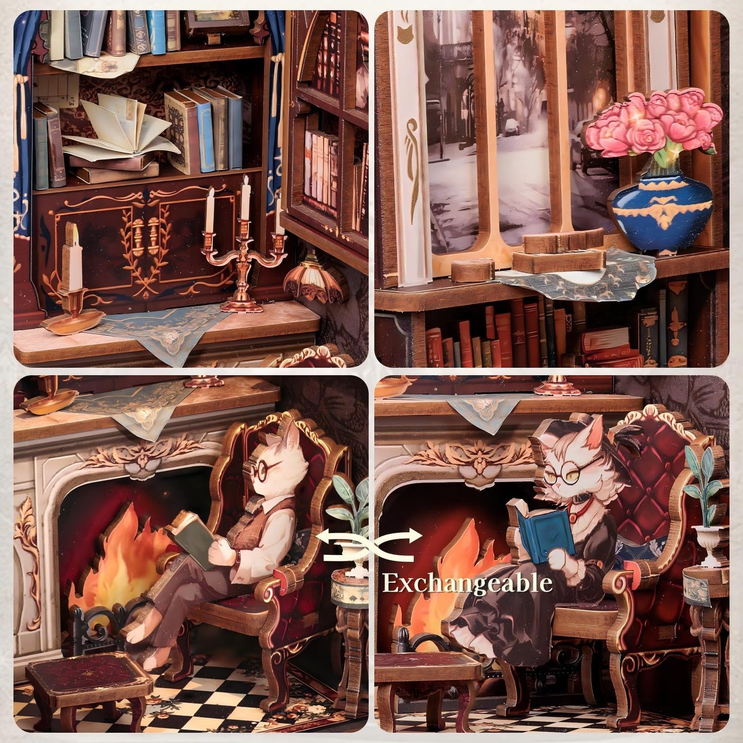 Fsolis Count Cat's Study Book Nook Kit – 108-Piece DIY Wooden Dollhouse