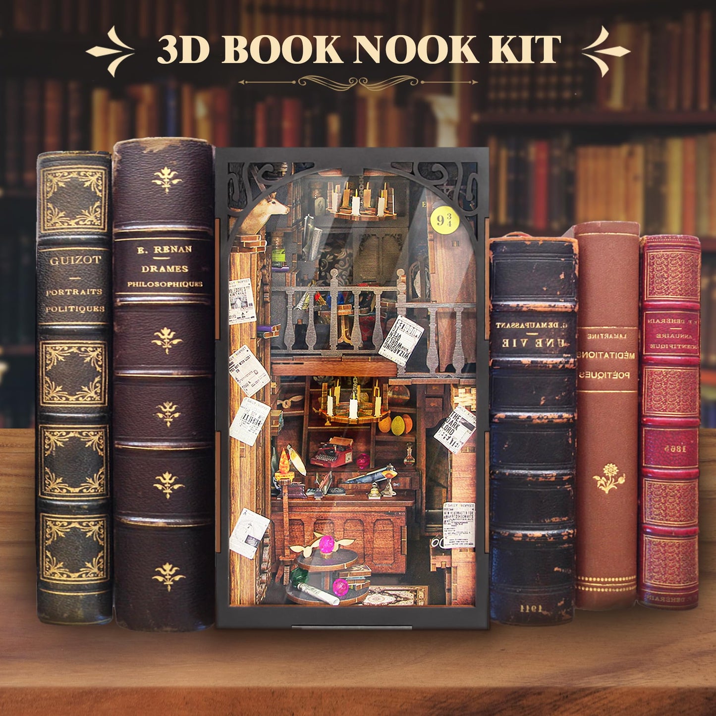 Fuiltee DIY Book Nook Kit — 3D Wooden Puzzle with LED Lights, Dust Cover, and Desk Decor