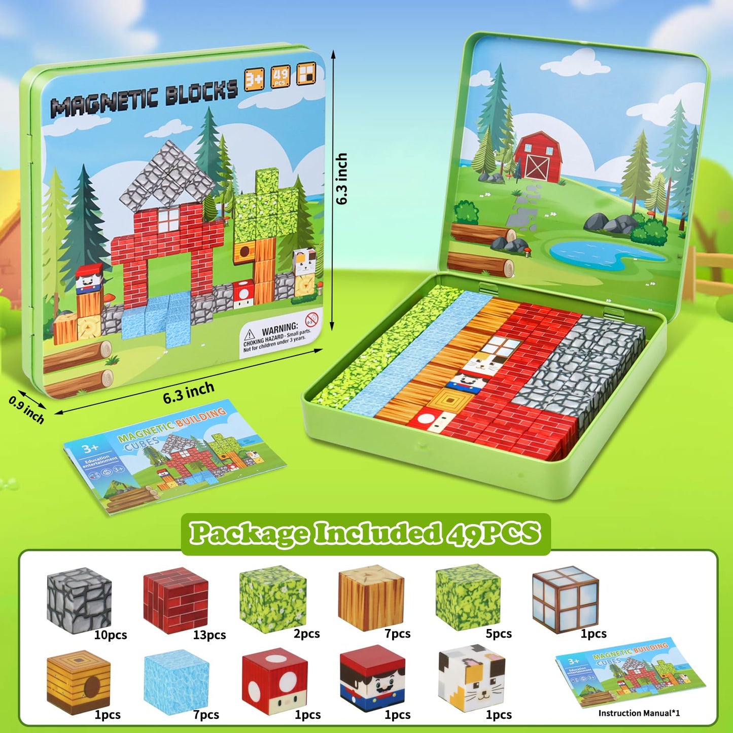 Fuliuyu 49-Piece Mini Magnetic Blocks Travel Set — Portable Box, STEM Toys for Kids 3-8
