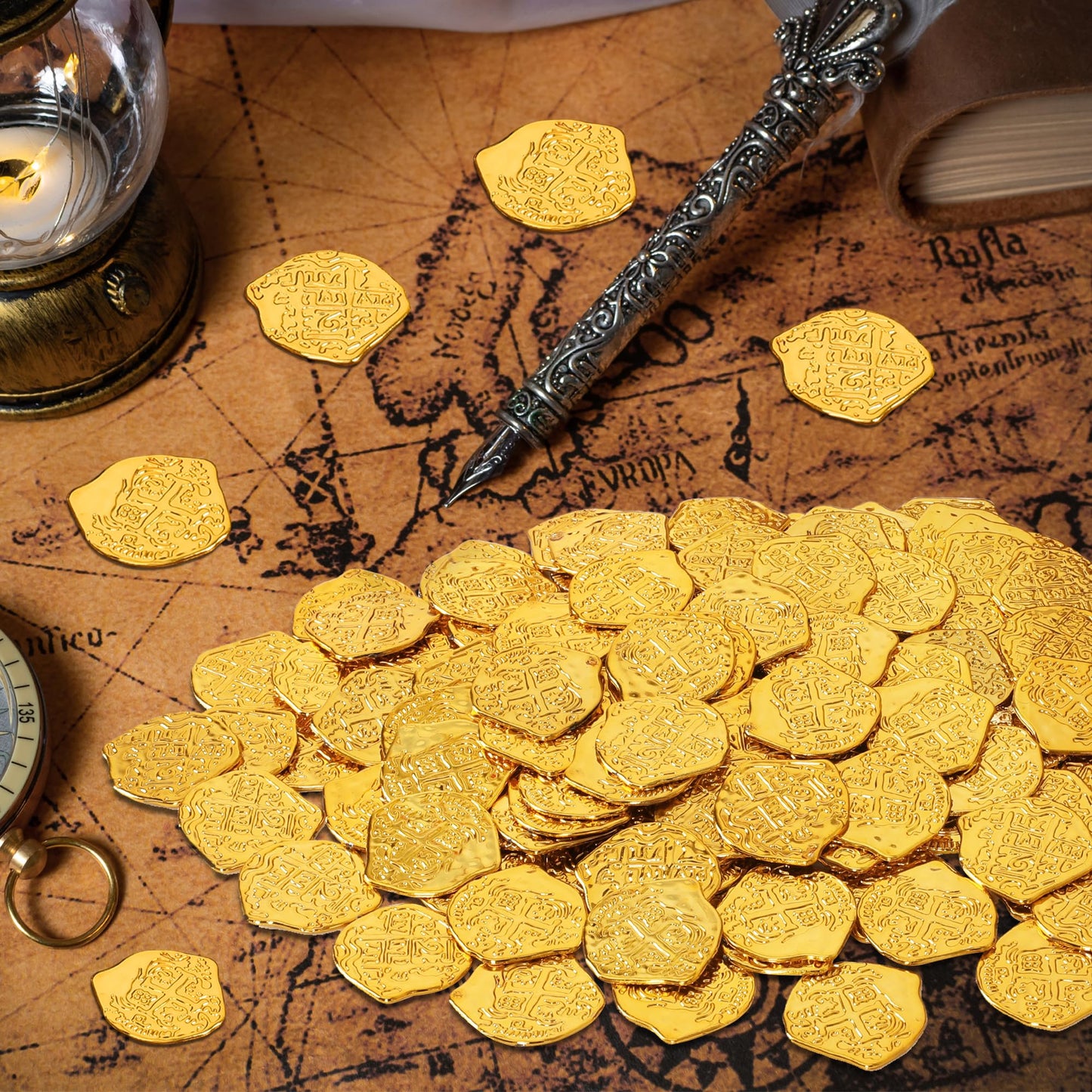 FULLIVE 120 PCS Pirate Coins – Plastic Gold Doubloons for Kids, Treasure Hunts & Pirate Party Decor