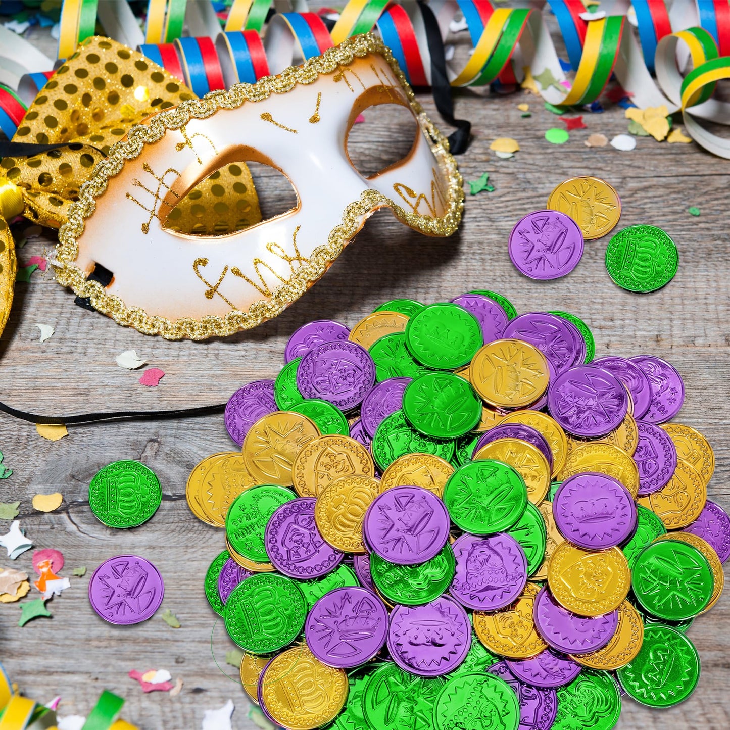 FULLIVE 200 Pcs Mardi Gras Decorations – 1.4in Purple Gold Green Coins with Masks and Crown Designs