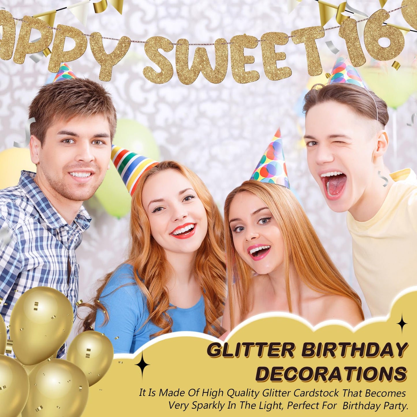 Fulmoon Pre Strung Happy Sweet 16 Banner – Champagne Gold Glitter Birthday Decor