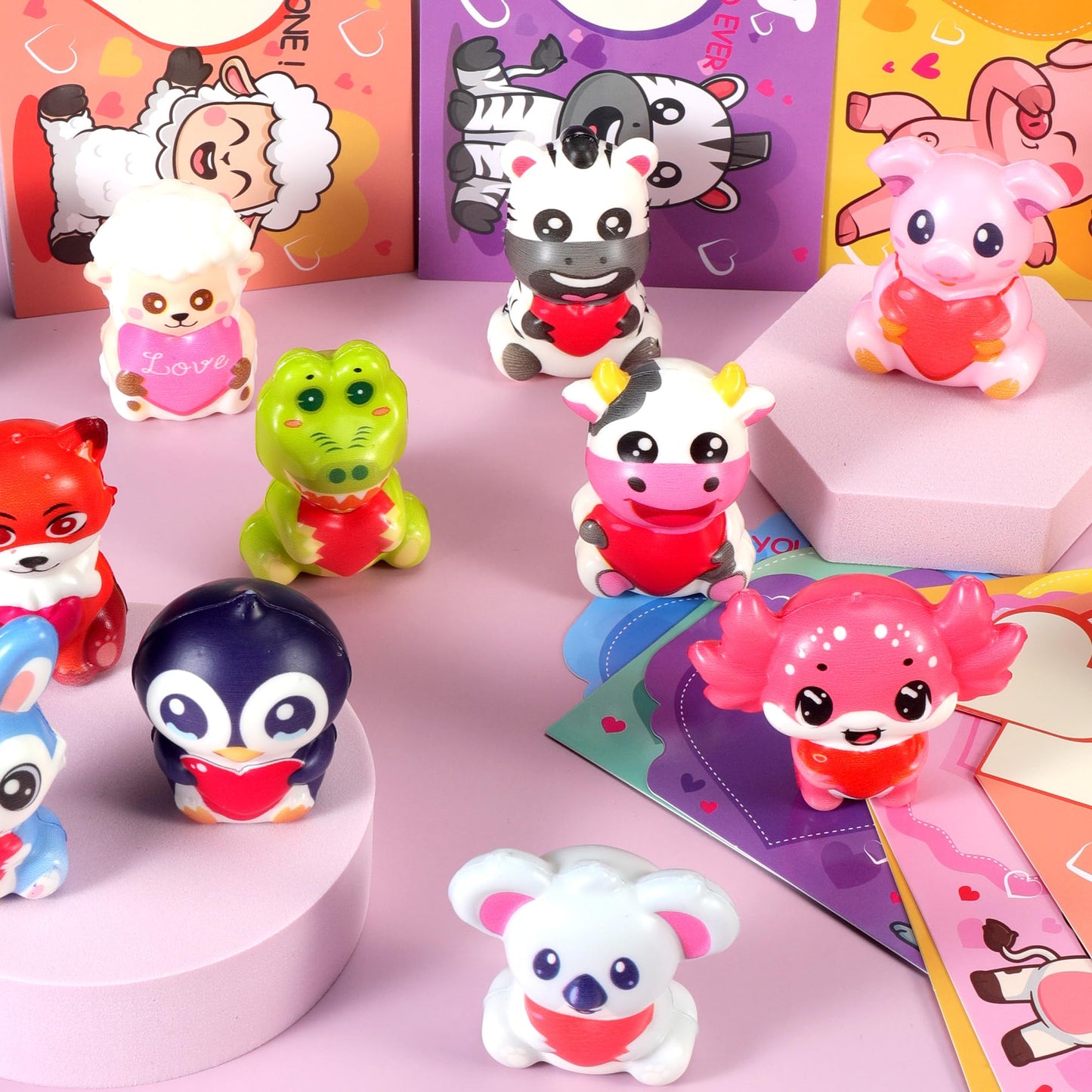 Fumogym 24Pcs Animal Heart Squishy Toys – Valentine Cards & Classroom Favors