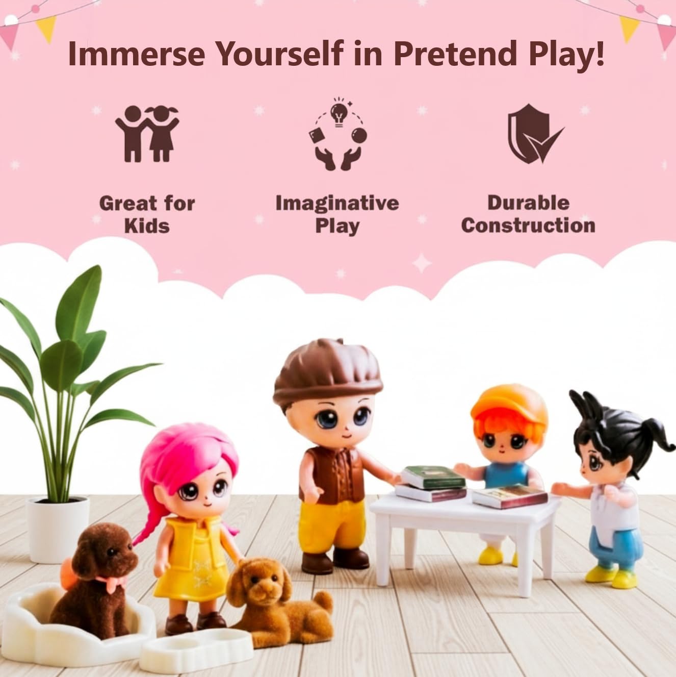 FUNERICA Dollhouse People & Pets Set – Velvety Puppies, Posable Figures & Accessories