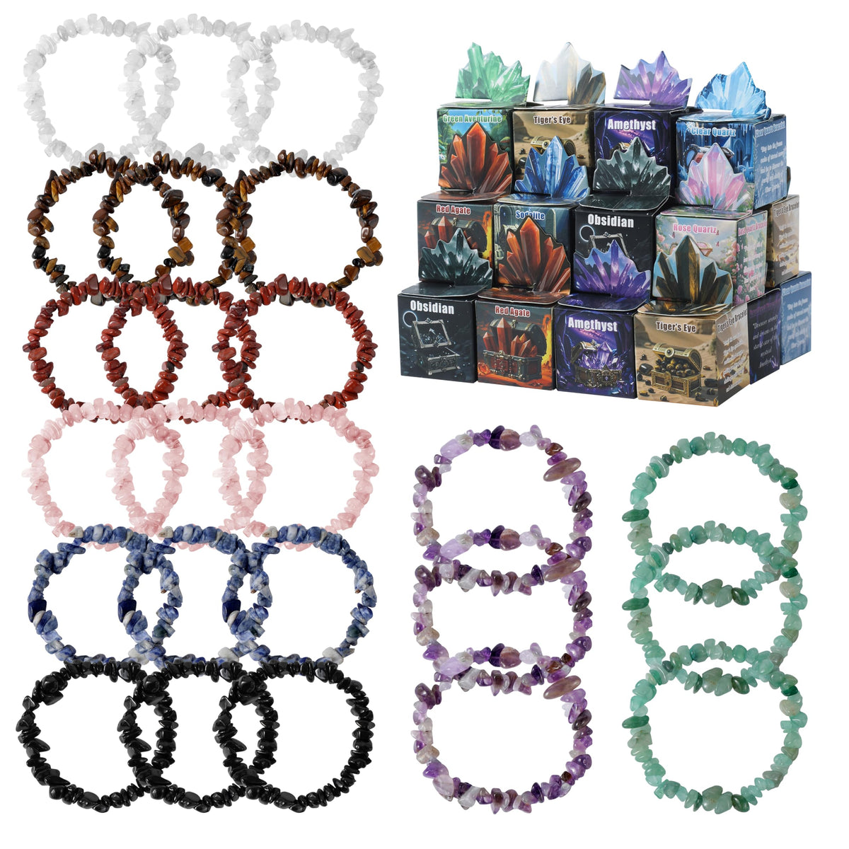 Funewest Valentines Day Gem Gifts - 24 Crystal Bracelets with Treasure Box Cards for Class Parties