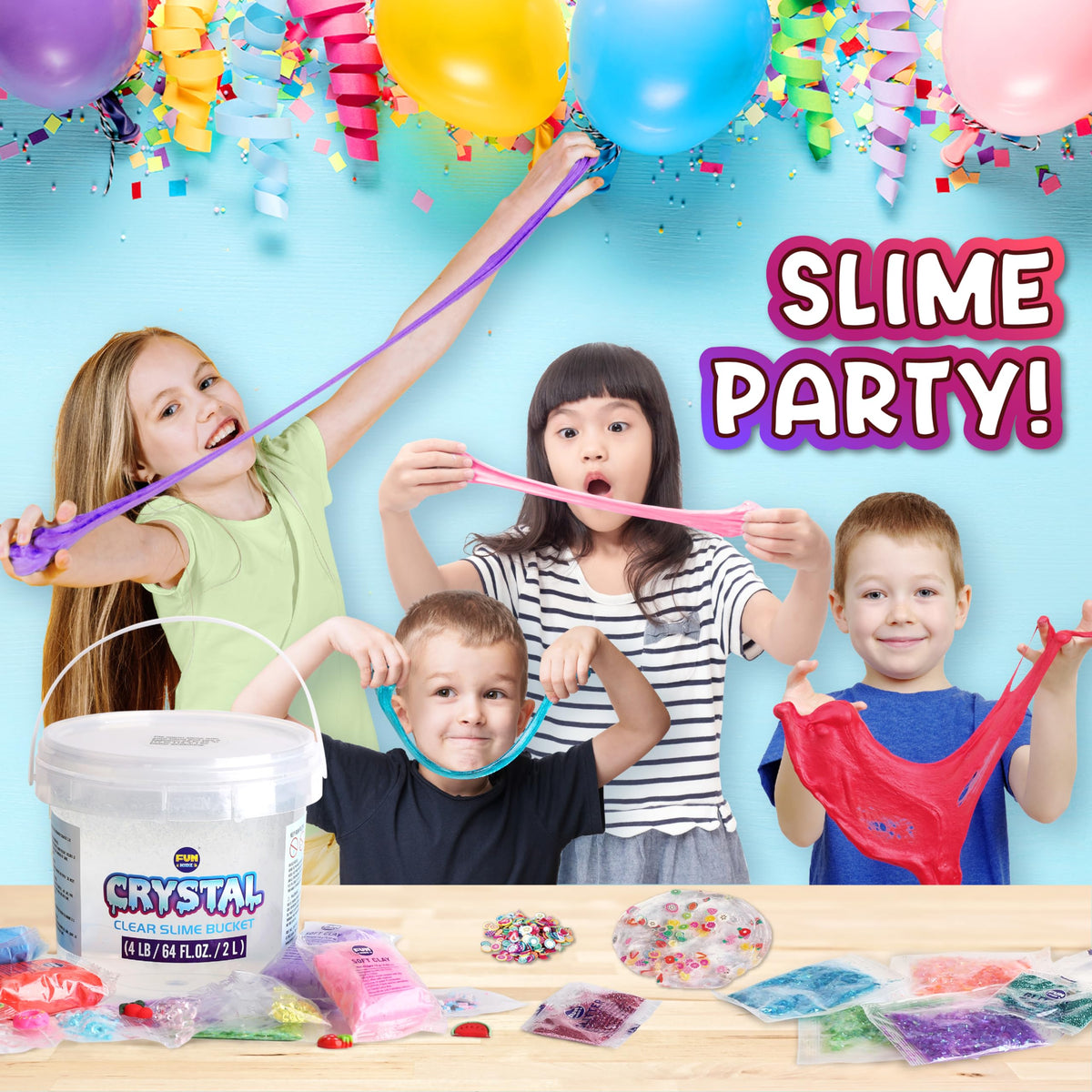 FUN KIDZ 4 LB Glassy Clear Slime Bucket – 64 FL OZ Premade Crystal Slime Kit with 29 Add-Ins