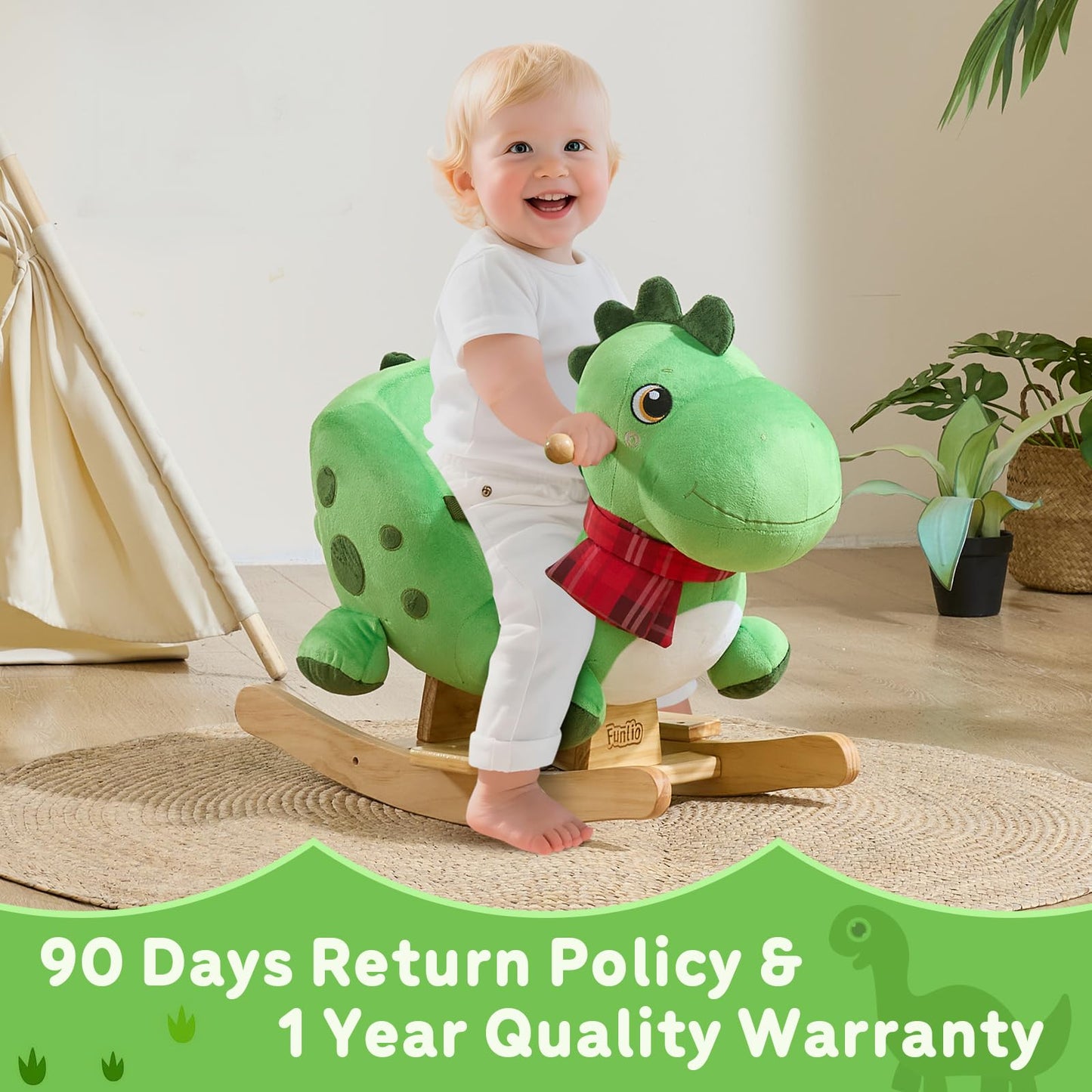 FUNLIO Dino Rocking Horse for Toddlers 1-3 | Premium Green Plush Dino Rocker CPC & CE Certified