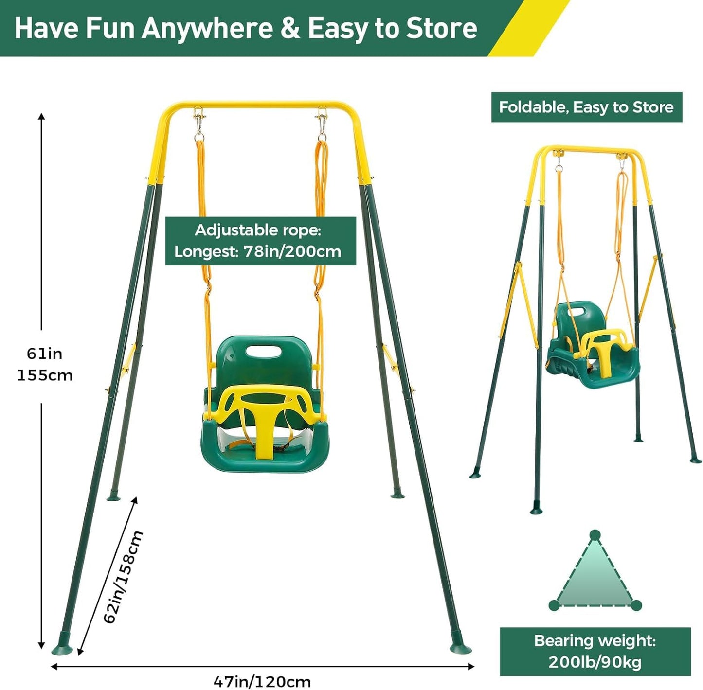FUNLIO Toddler Swing with Foldable Stand — 3-in-1 Swing Set for Ages 1-10, Indoor/Outdoor, 4 Sandbags, Green