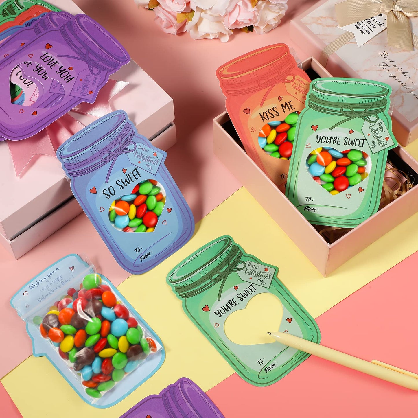 FunnyPars 40-Pack Kids Valentines Cards – Colorful Mason Jar Cards for Classroom Gifts & Favors