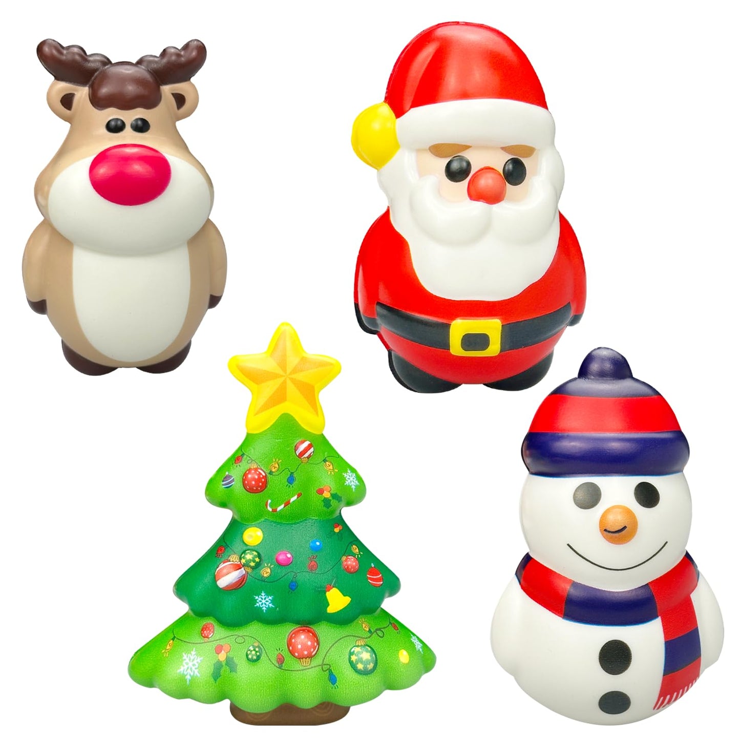 funnysquee 4-Piece Santa Claus Snowman Elk Christmas Tree Stress Ball Set – Holiday Squishies Bundle