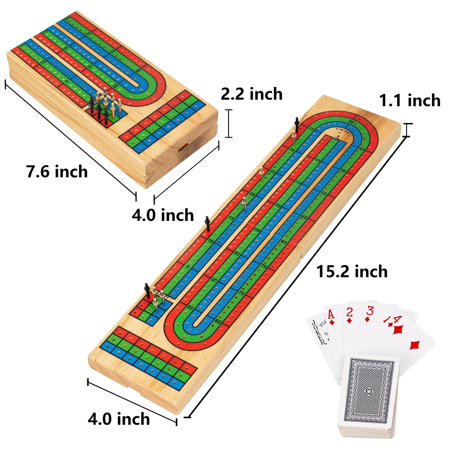 FUNPENY Traditional Wooden Cribbage Board Game Set — 3-Track Color Coded with Metal Pegs & Cards