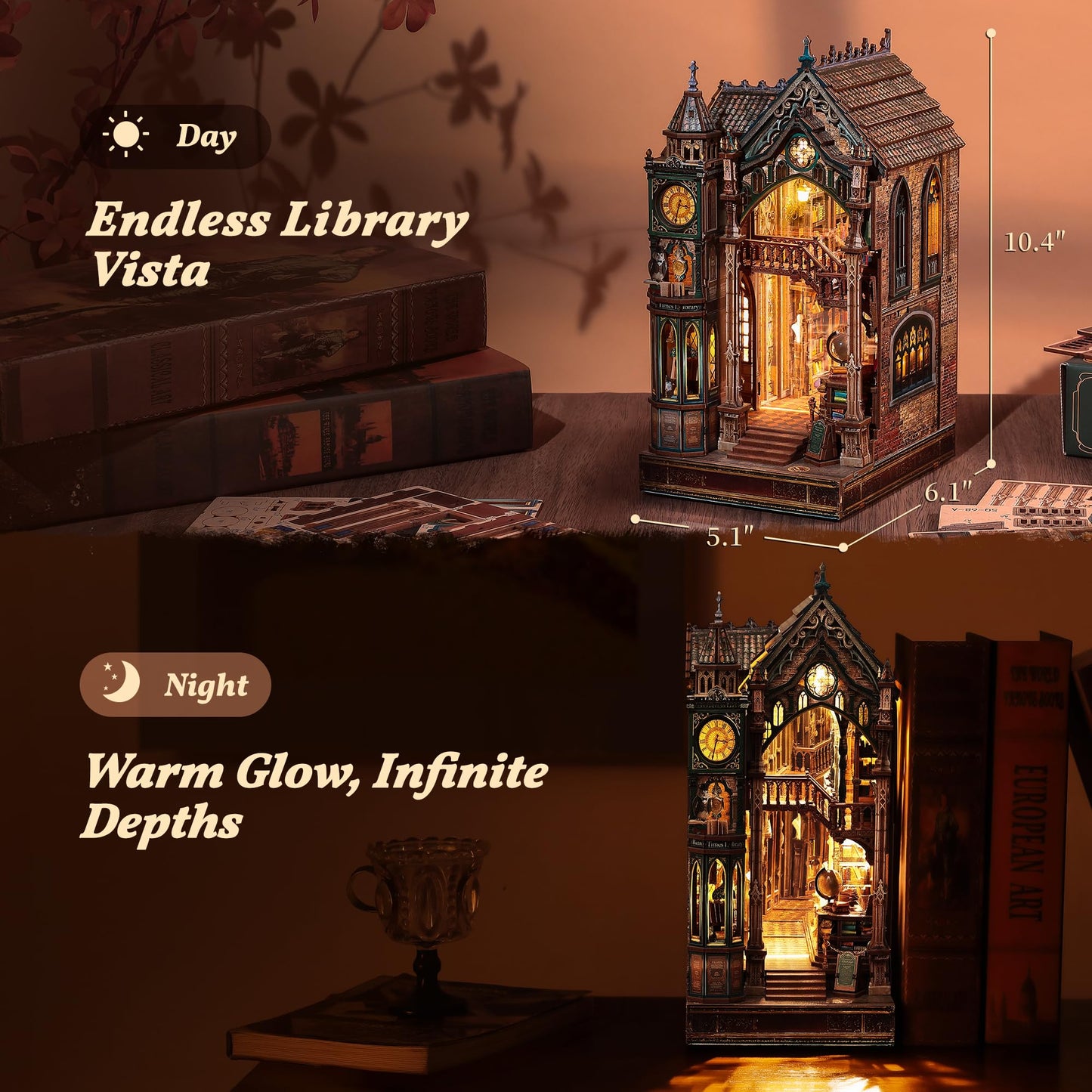 FUNPOLA Magic Library Book Nook Kit – LED 3D Wood Puzzle with Infinity Mirror