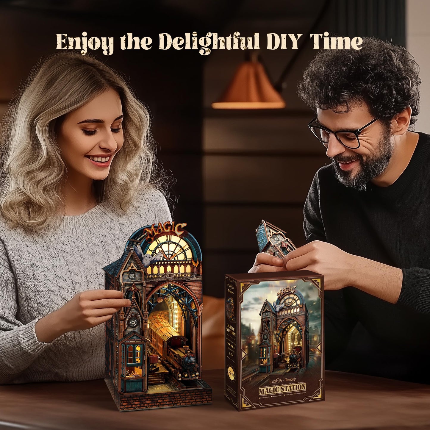 FUNPOLA LED 3D Puzzle Magic Station Book Nook Kit – Interactive DIY Miniature with LED Glow