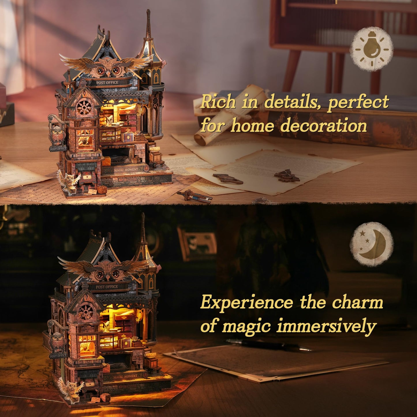 FUNPOLA LED 3D Wood Puzzle Owl Post Office — Dynamic Gear Model with Music, LEDs & DIY Assembly