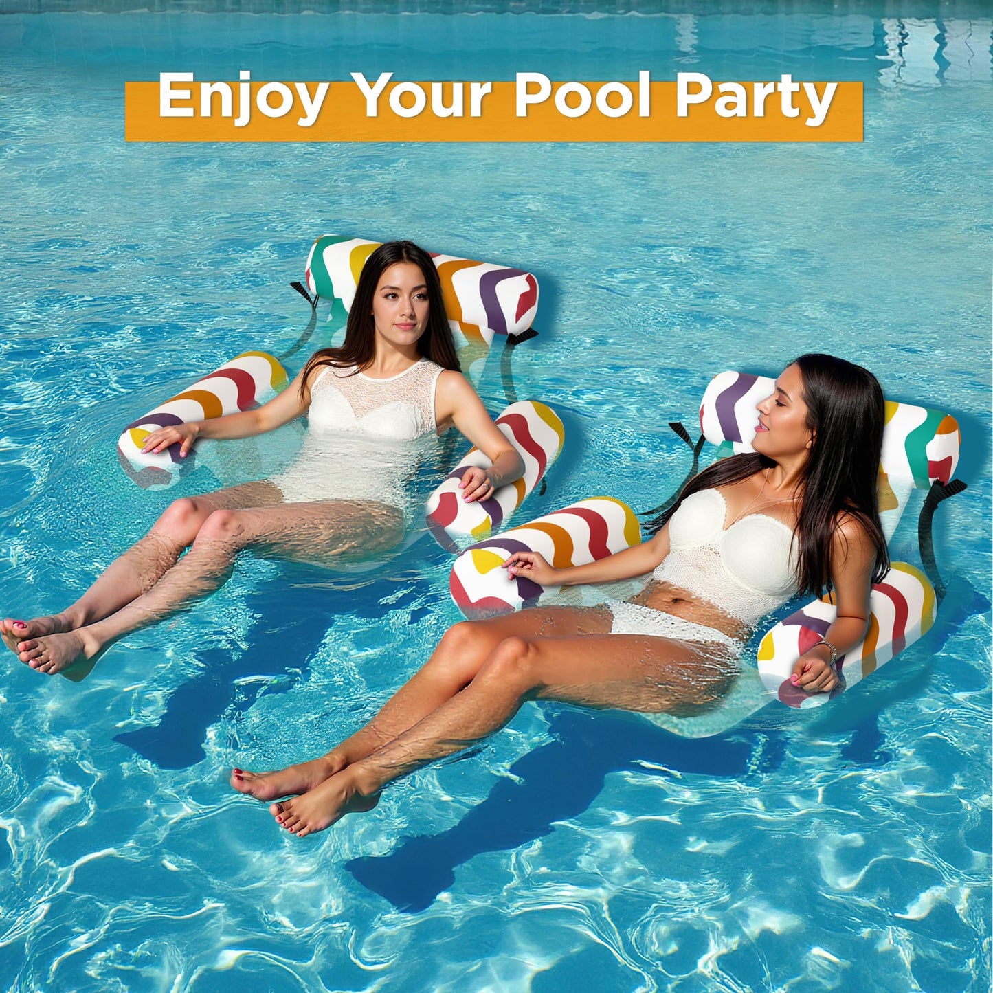 Funscape Rainbow Pool Floats Chairs – 2-Pack Heavy-Duty Inflatable Lounges
