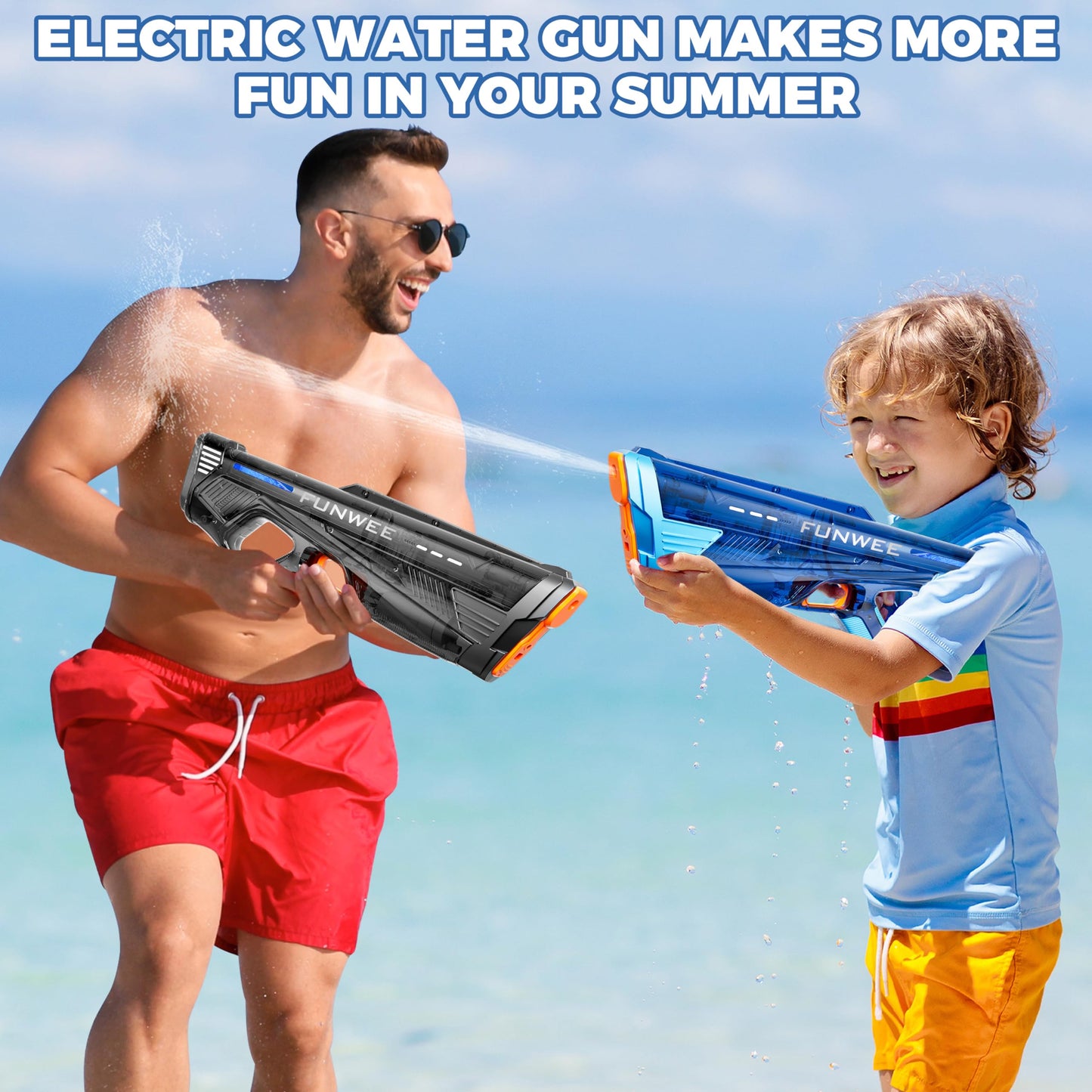 Funwee 2 Pack Electric Water Gun – High-Power Auto Blaster (Transparent Black/Blue)