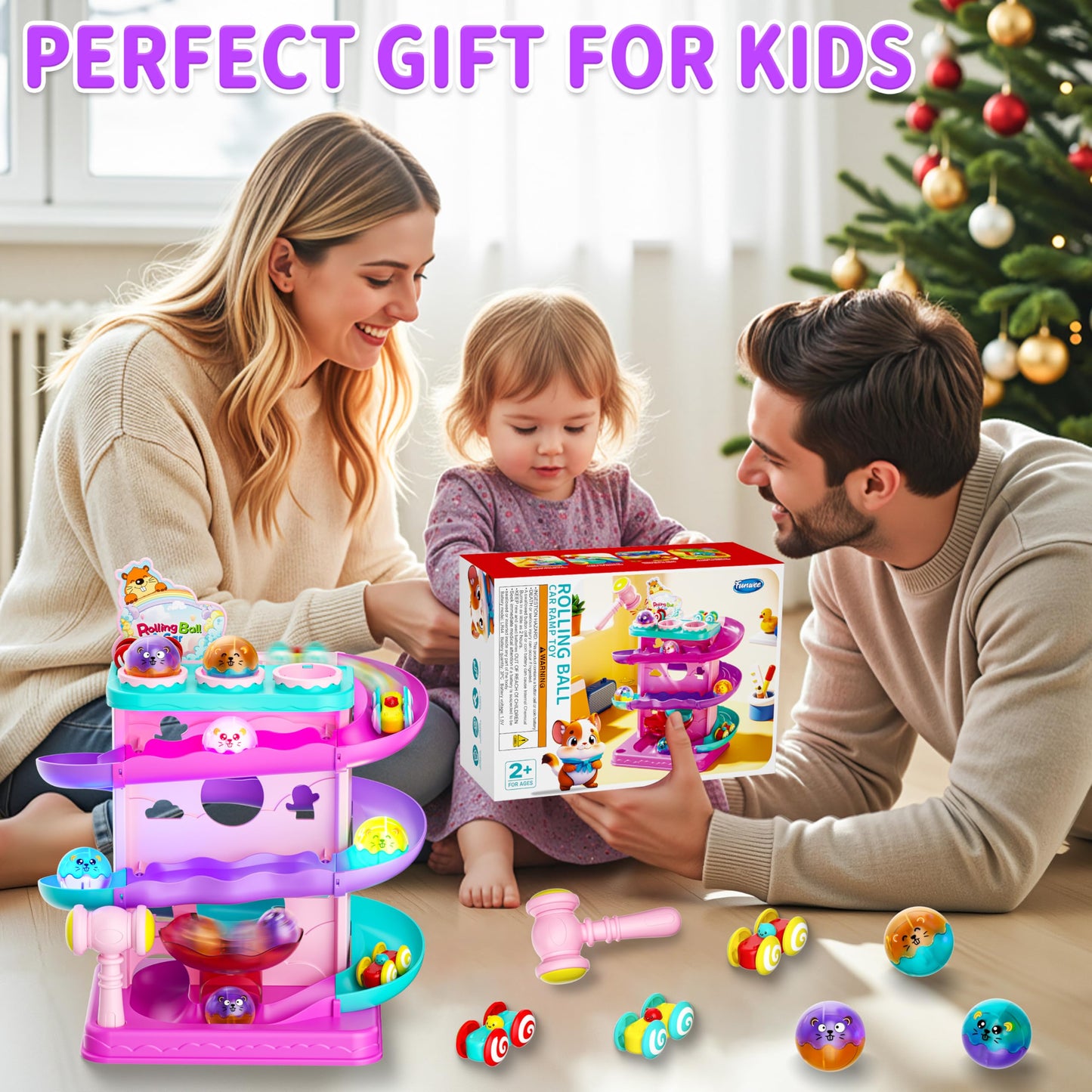 Funwee 2-in-1 Rolling Ball & Racing Car Ramp Toy for Toddlers (Pink)