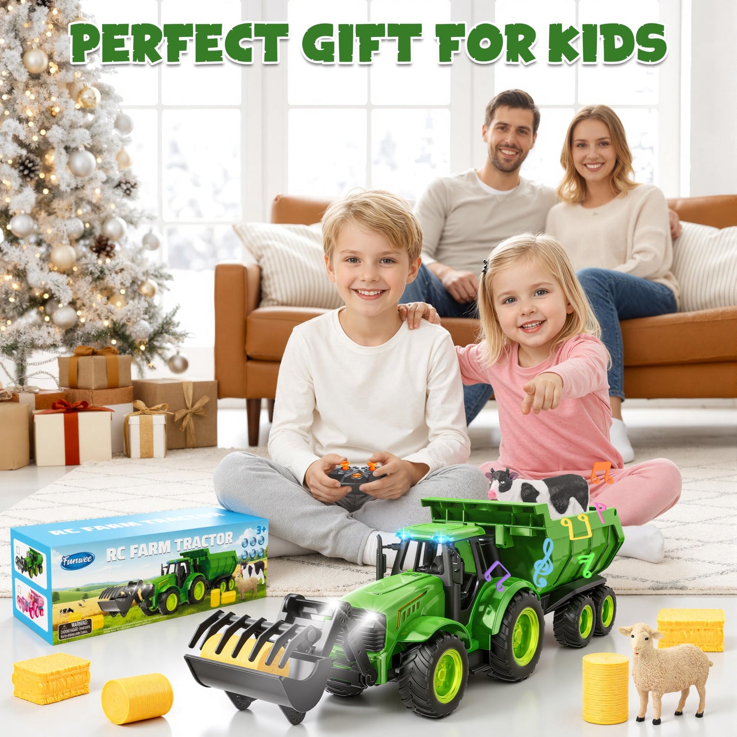 Funwee RC Farm Tractor Toy with Light & Music – 2.4GHz Front Loader & Farm Animals (Green)