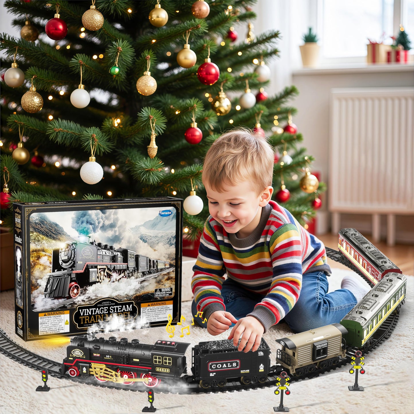 Funwee Glow Train Set with Illuminated Carriages – Lights, Smoke & Sound