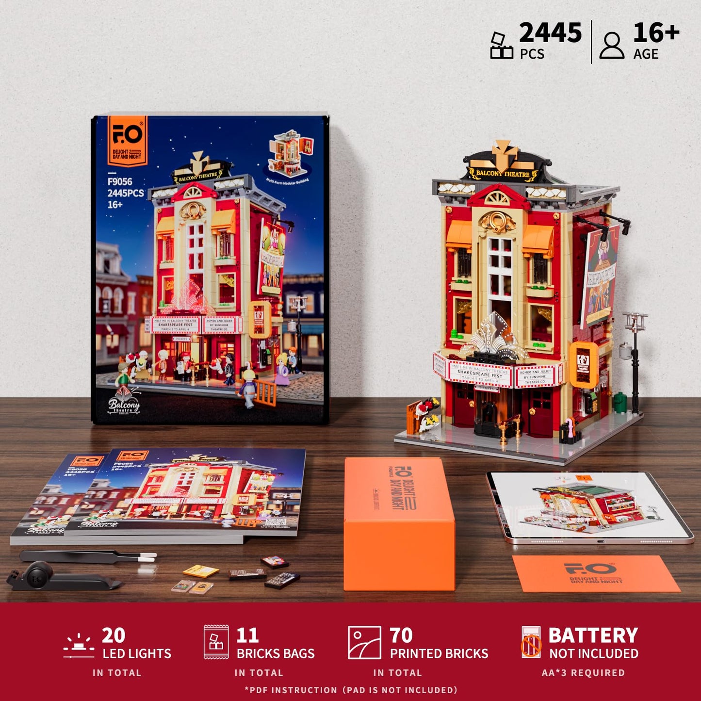 FUNWHOLE Balcony-Theatre Lighting Building-Bricks Set | City Town Creator House LED Kit (2445 Pcs)