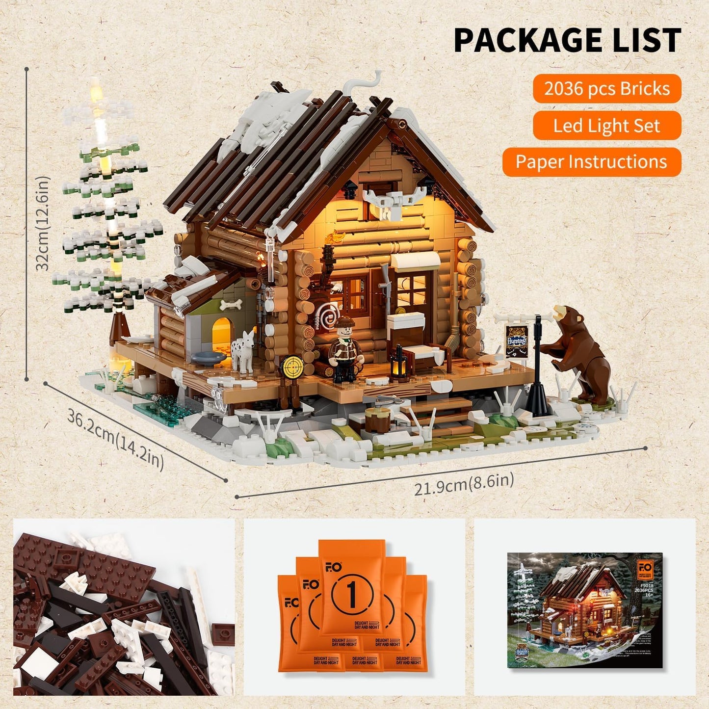 FUNWHOLE Hunting-Cabin Lighting Building Bricks Set | 2036-Piece LED Cabin Kit for Adults and Teens