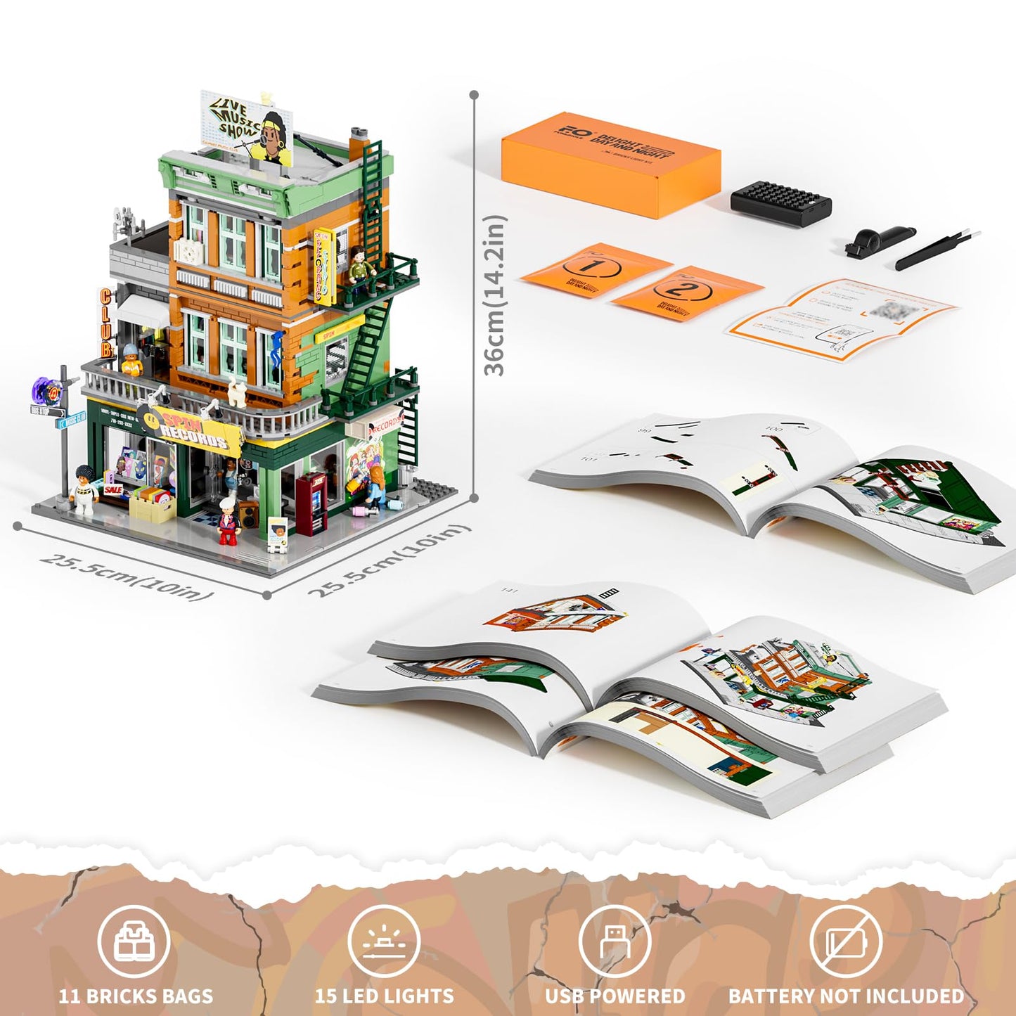 FUNWHOLE Street Fusion Record Store Lighting Bricks Set – 1980 Pcs