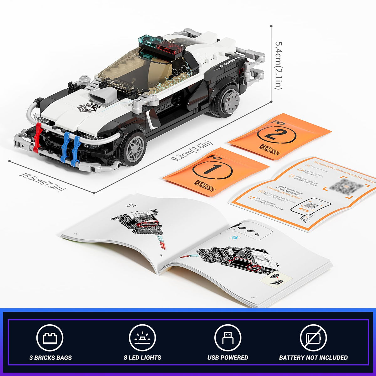 FUNWHOLE Police Patrol Car Lighting Building-Bricks Set – Cyberpunk City Car Chase, 372 Pcs STEM Toy