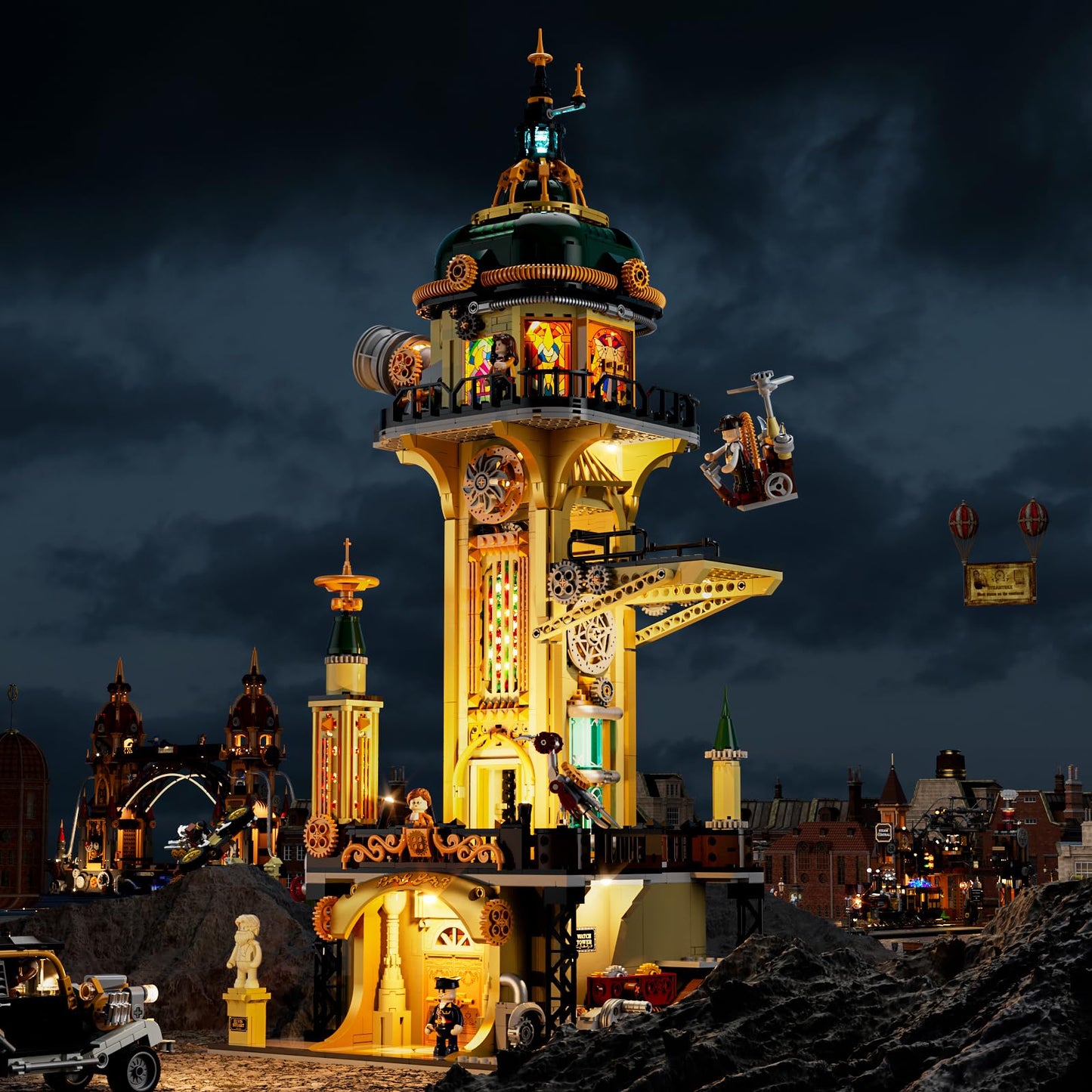 FUNWHOLE Steampunk Observatory Tower Lighting Set – 2744-Piece Astronomy Display for Adults
