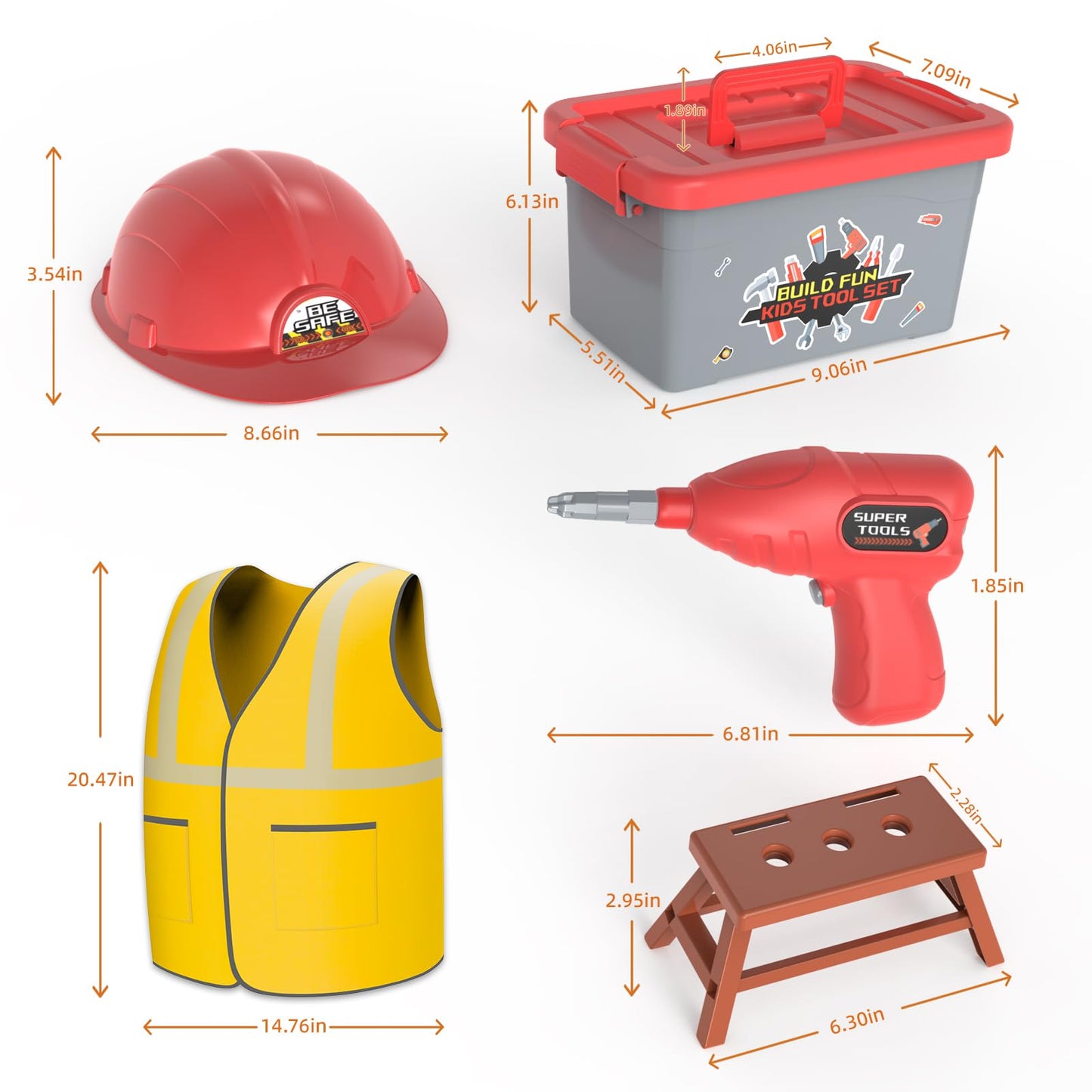 Fursnob 58-Piece Kids Tool Set with Realistic Drill – Tool Box, DIY Stickers, STEM Pretend Play (Ages 3-8)