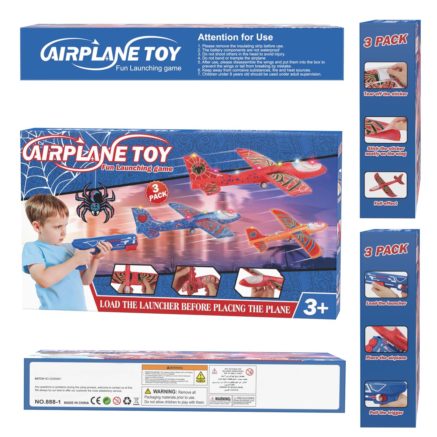 Fuwidvia 3 Pack Airplane Launcher Toys – 13.2'' Spider LED Foam Gliders, 2 Flight Modes