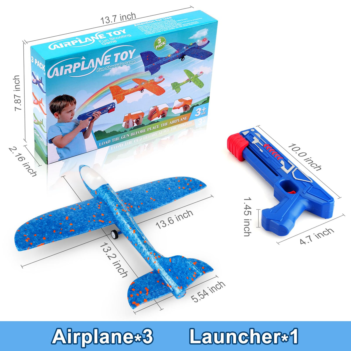 Fuwidvia 3 Pack LED Foam Glider Planes with Launcher – 13.2-inch Outdoor Flying Toys Blue Green Orange