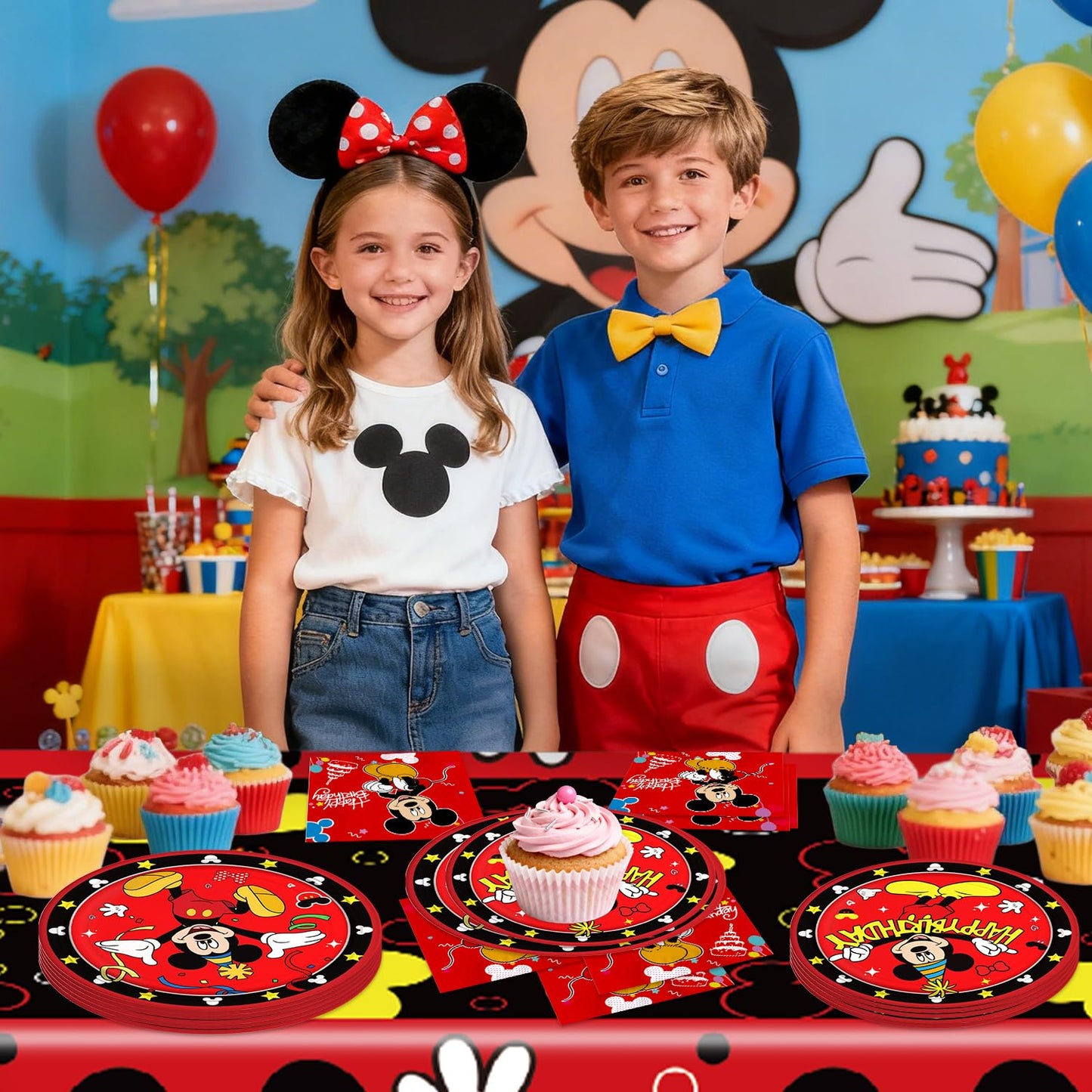 Fuyhiuous Mickey Party Supplies 41Pack – 20 Plates, 20 Napkins, 1 Tablecloth for Birthday Party Decoration (Red)