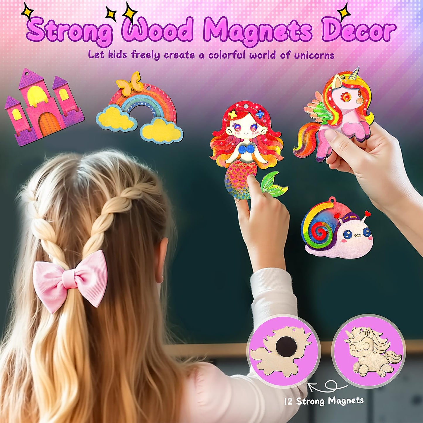 Gadetouq 12 DIY Unicorn Wooden Magnets – Creative Kids Craft Kit for Ages 4-12