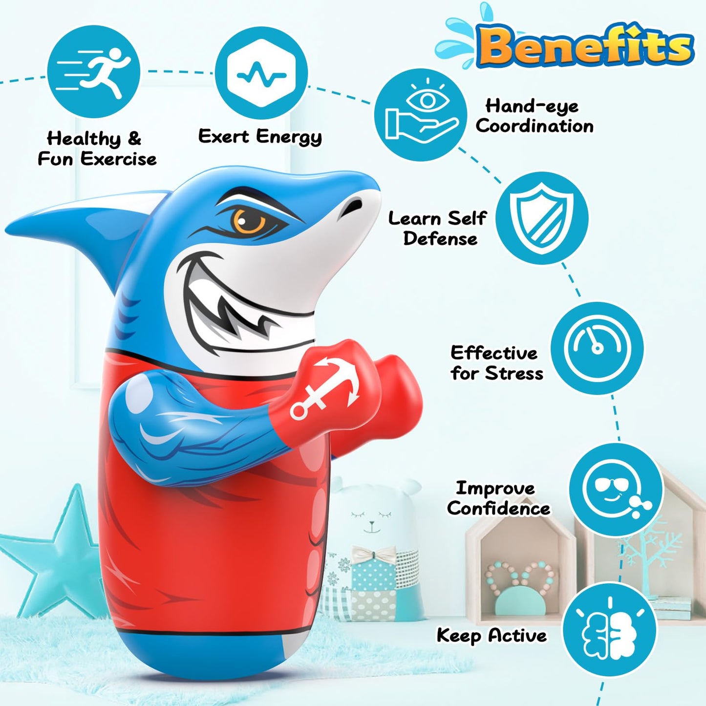 Gadetouq Shark LED Inflatable Punching Bag – 47'' Glow Bop Toy for Kids 3–8