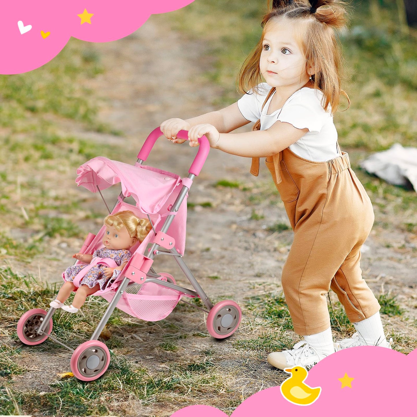 GAGAKU Baby Doll Stroller – Foldable Pink Toy Stroller with Storage Basket & Bag for Dolls Up to 18 Inches