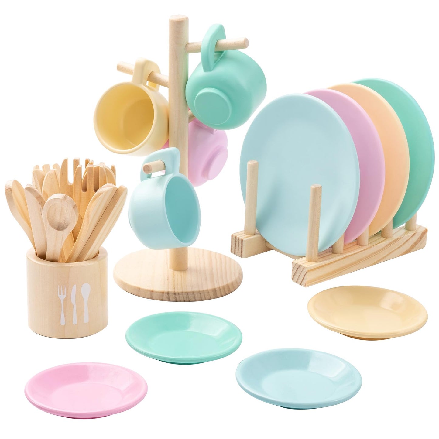 GAGAKU Kids Wooden Play Dishes Set – 27-Piece Montessori Kitchen Toys for Ages 3-5