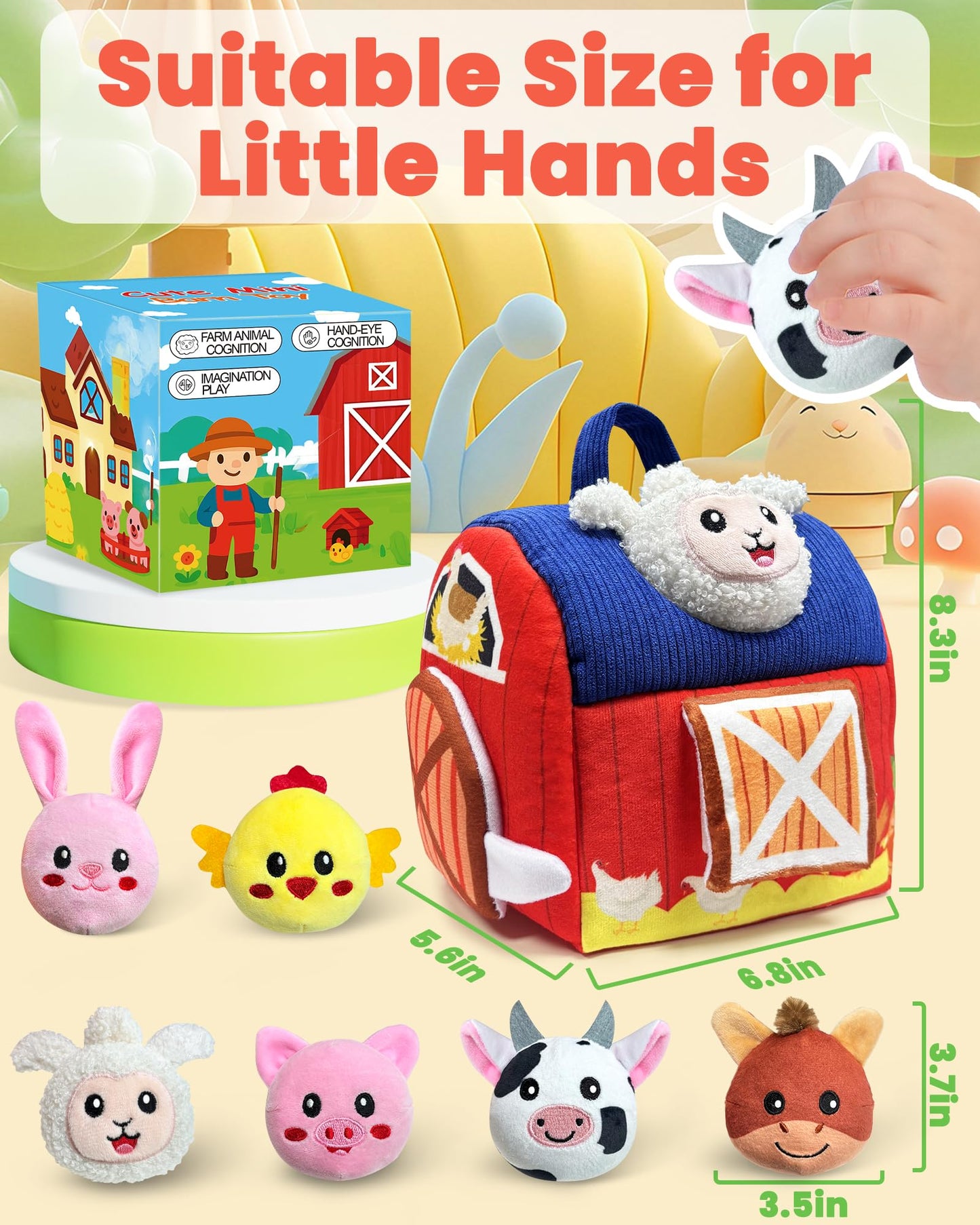 Gagule Montessori Farm Barn Toy for 6-12 Months | Plush Animals, Rattle, Crinkle & Mirror